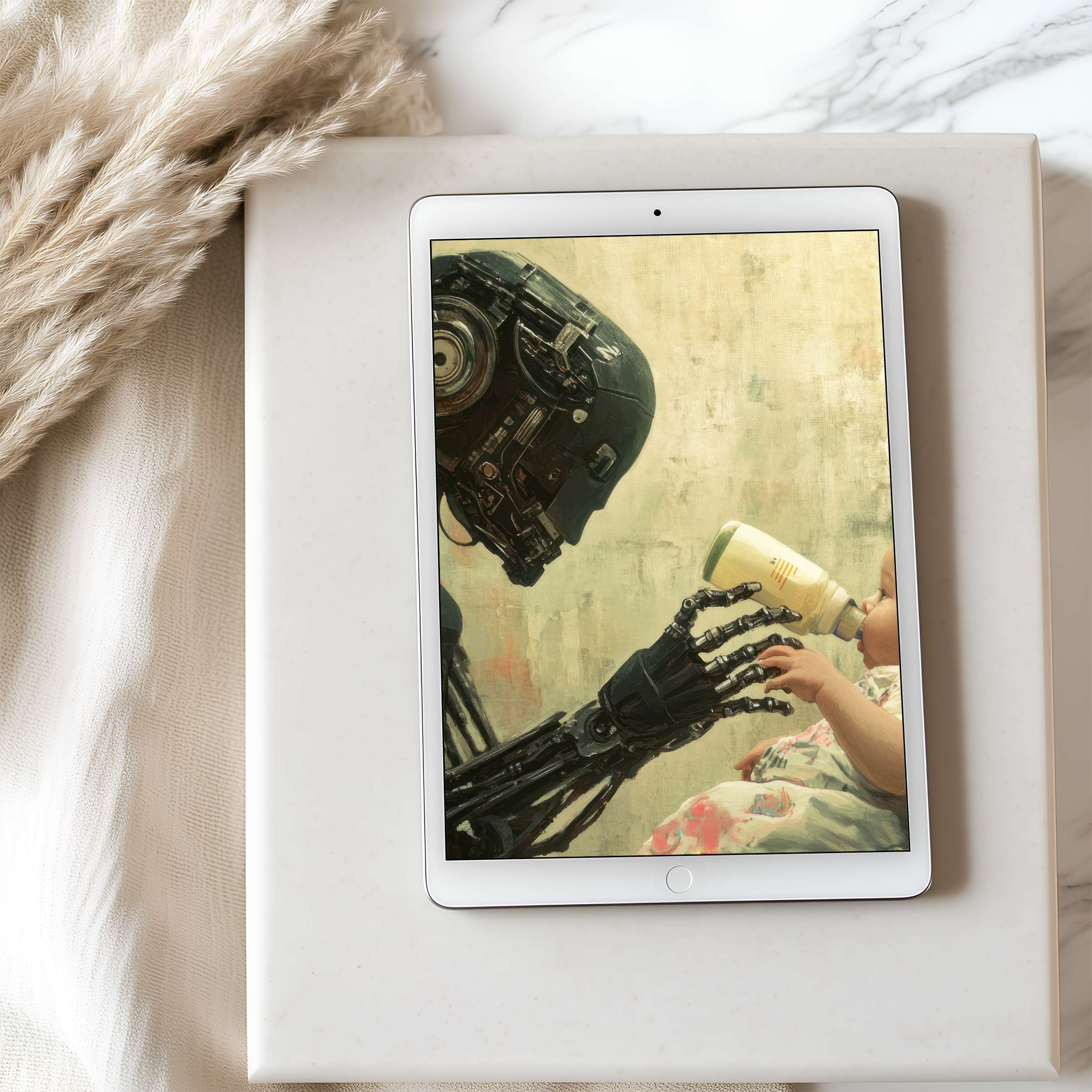 Elegant tablet wallpaper featuring a serene robot feeding a baby creates a calm, high-resolution digital download for iPad lovers
