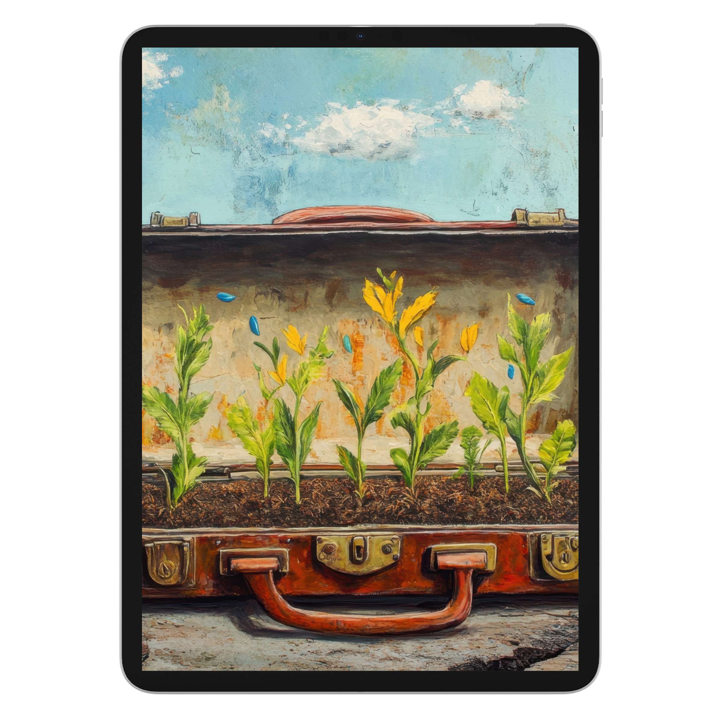Vivid street art iPad wallpaper featuring a surreal suitcase garden under a blue sky, perfect for a calming digital download background on tablet devices