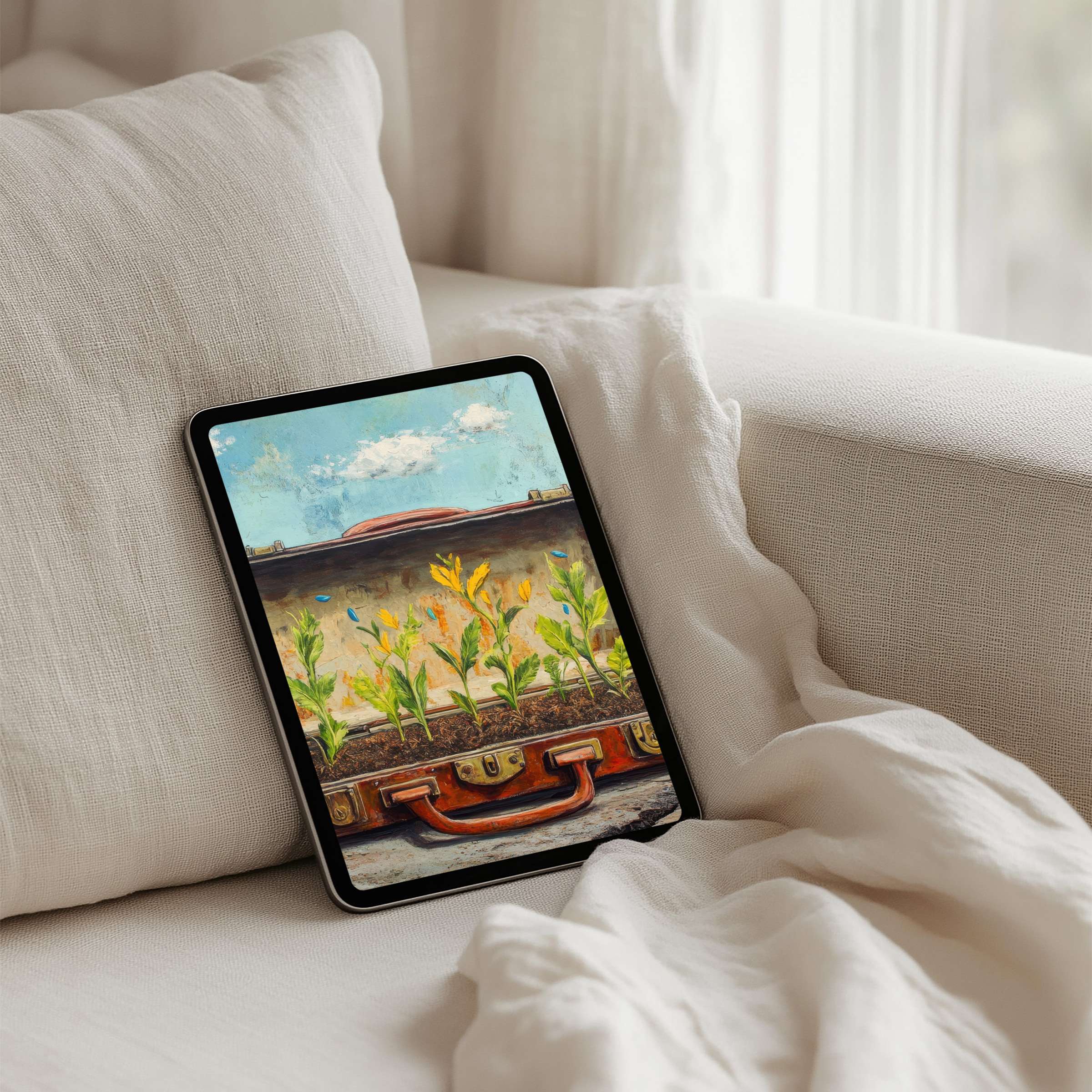 Elegant digital art iPad background with suitcase garden, offering calm inspiration on tablet screens, instant download for mindfulness