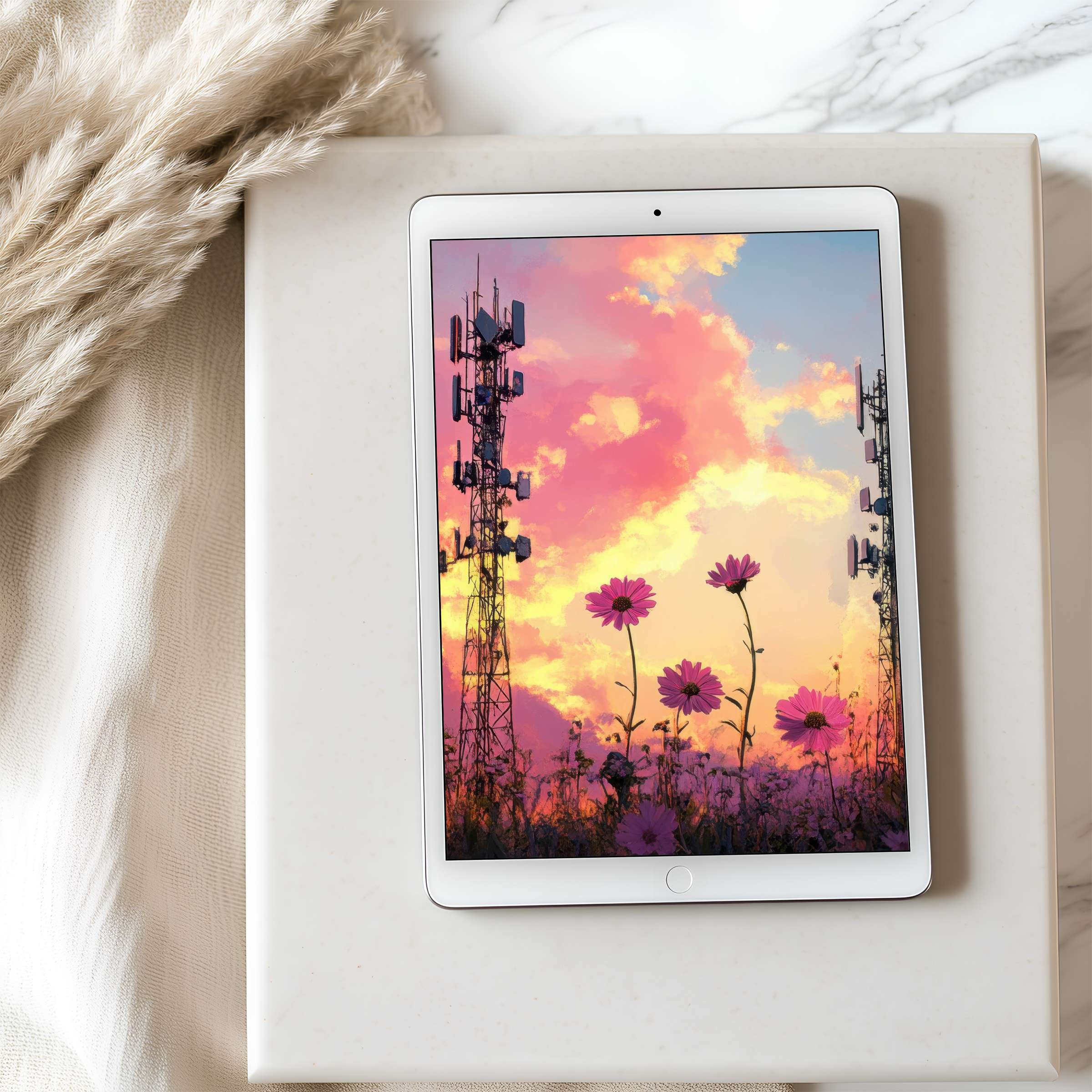 Elegant tablet wallpaper featuring vibrant sunset hues with flowers and towers, ideal for curated high-resolution digital download