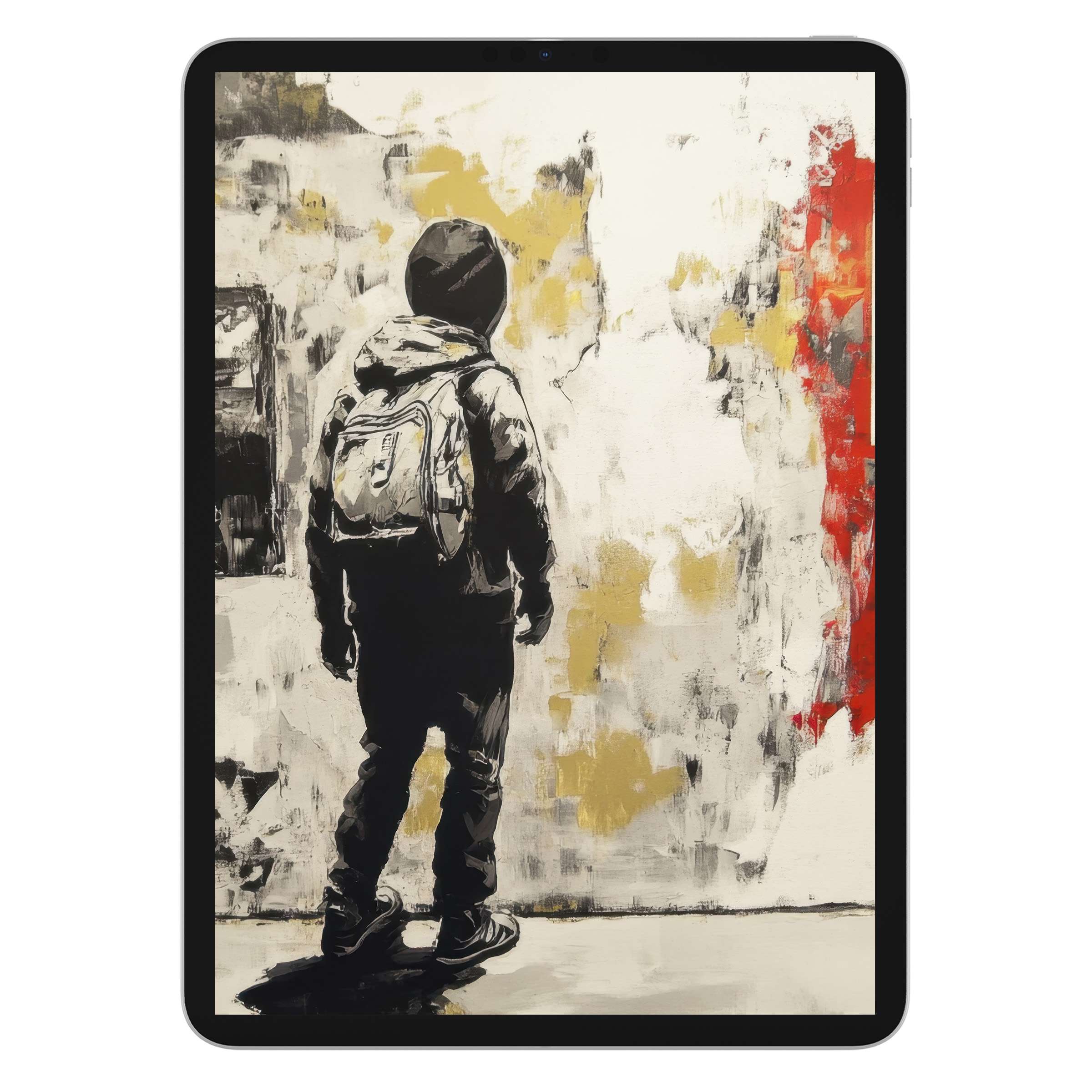 Urban street art iPad wallpaper digital download showcasing a contemplative figure with earthy tones, perfect tablet background choice