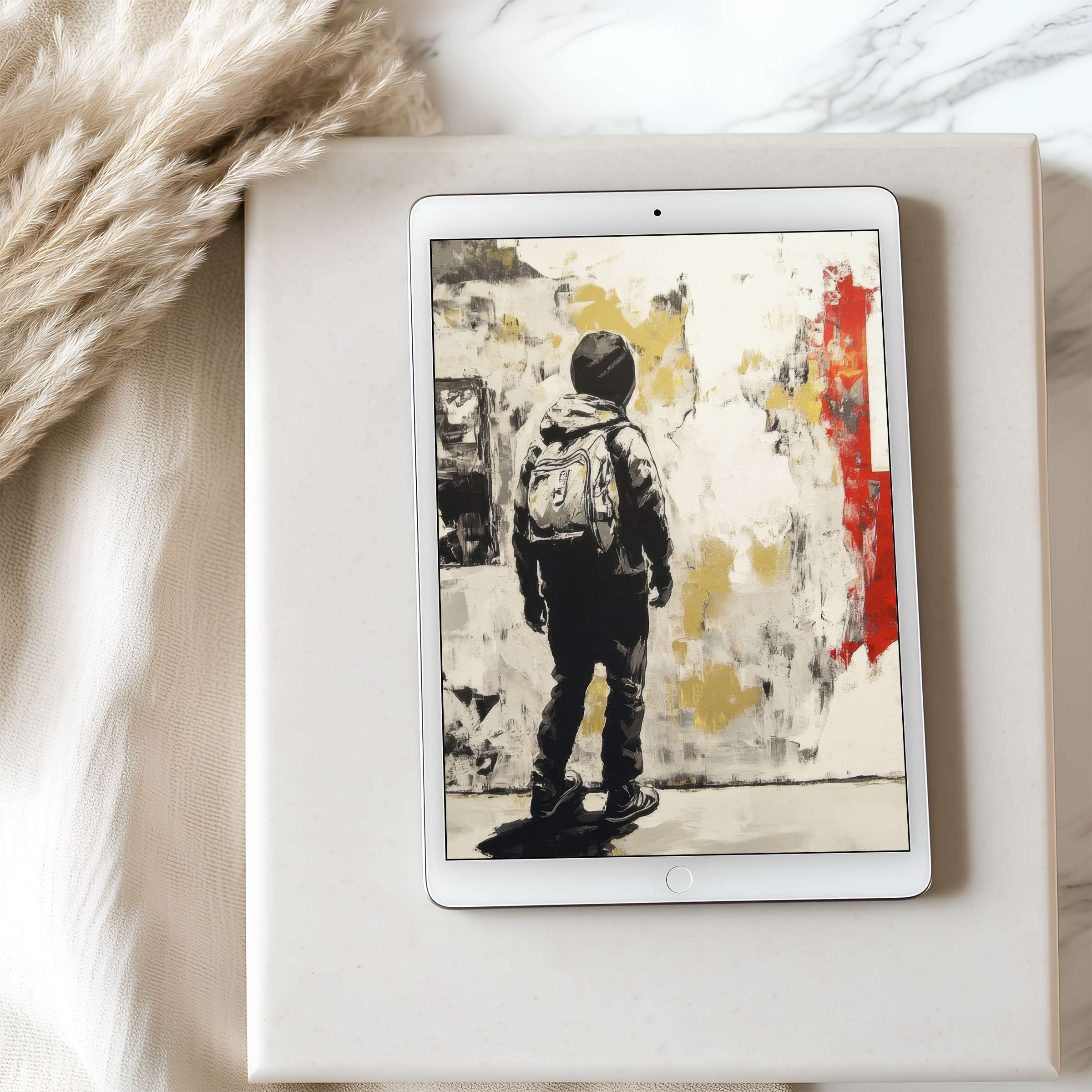 Elegant tablet wallpaper featuring abstract street art in muted tones with a lone figure evokes calm suitable for iPad download