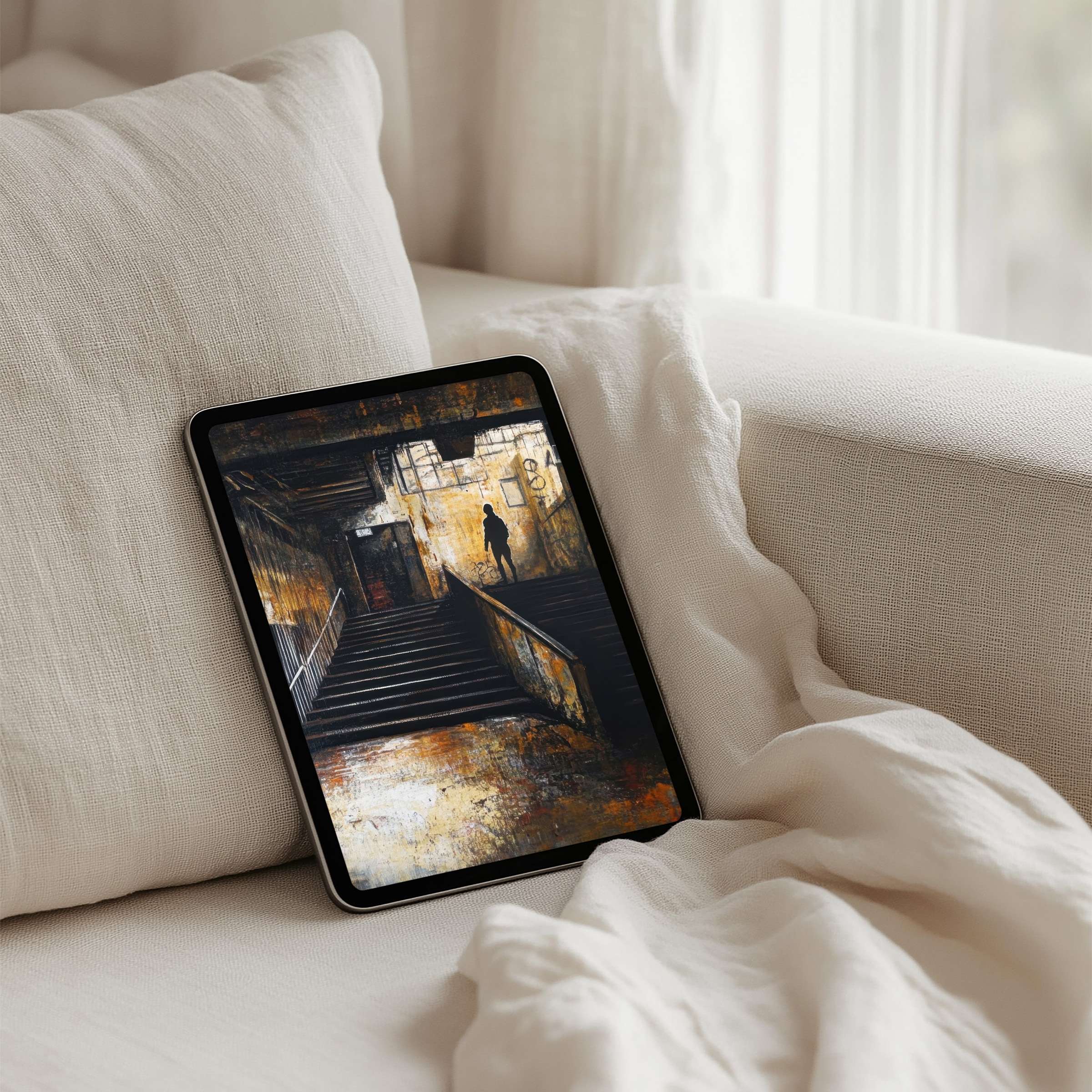 Download this elegant iPad background featuring a rustic stairway scene, perfect for instant download on any tablet, inspiring calm