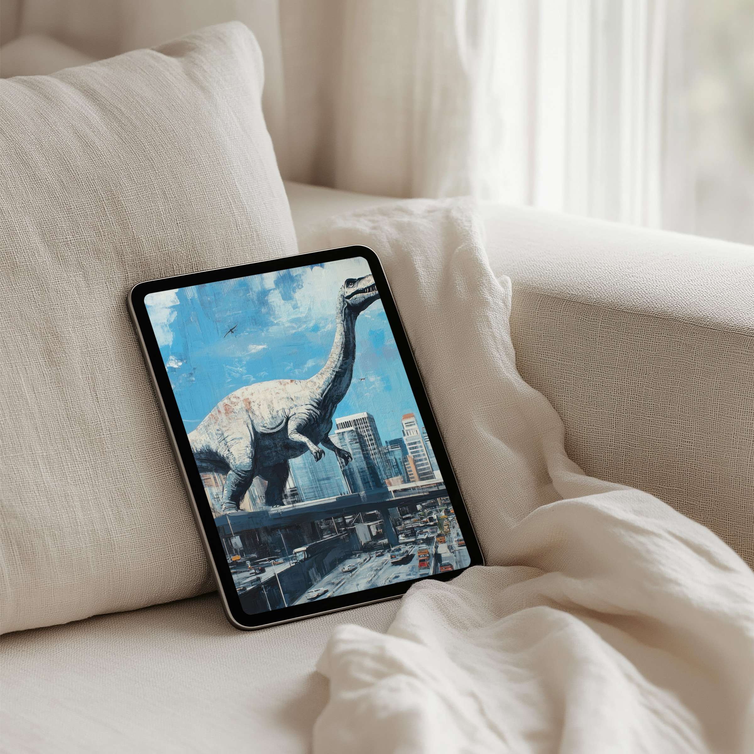 Elegant digital art iPad background featuring a dinosaur in a cityscape offers calm inspiration for any tablet instant download