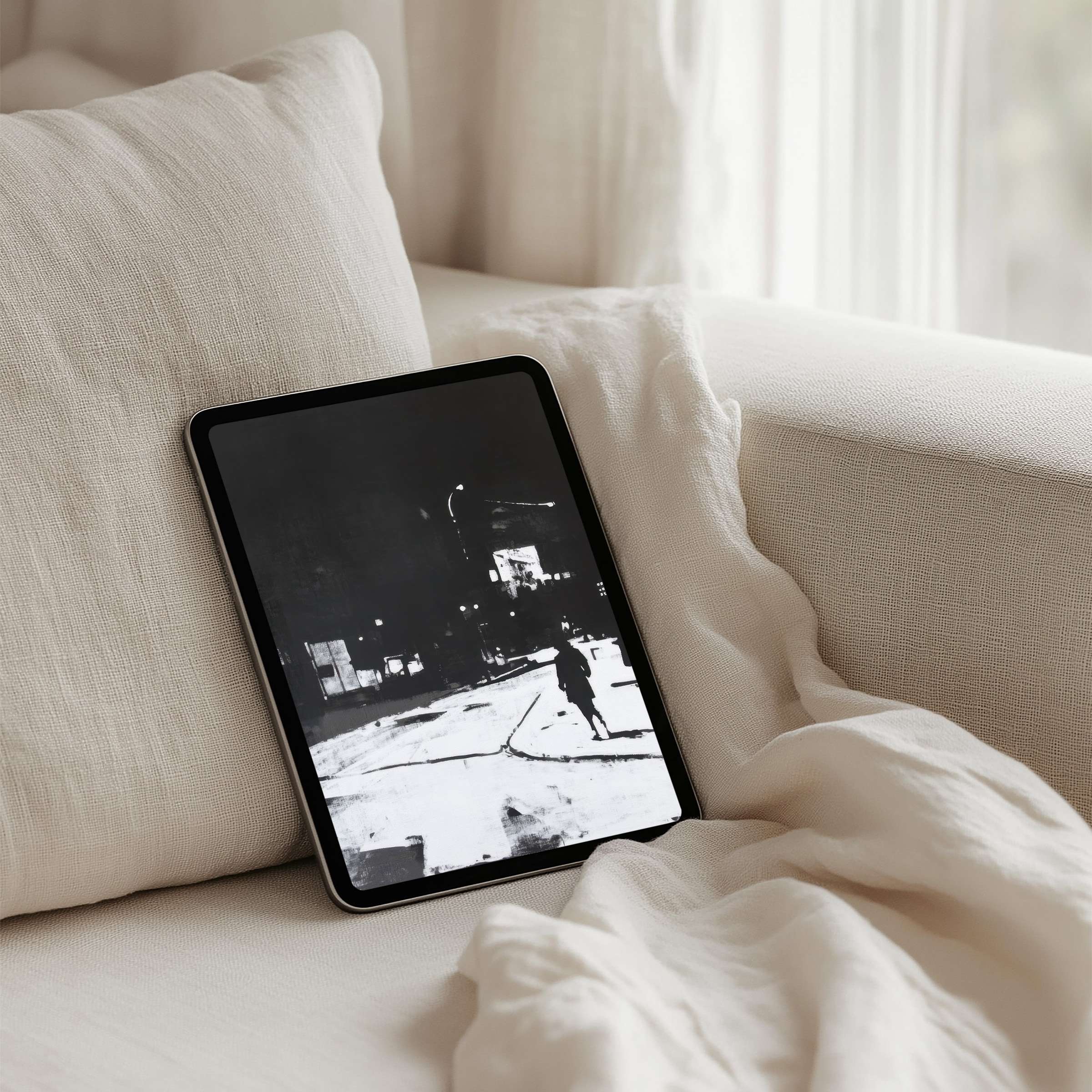 Elegant black-and-white iPad background showcasing cityscape enhances calm inspiration on any tablet with instant download accessibility