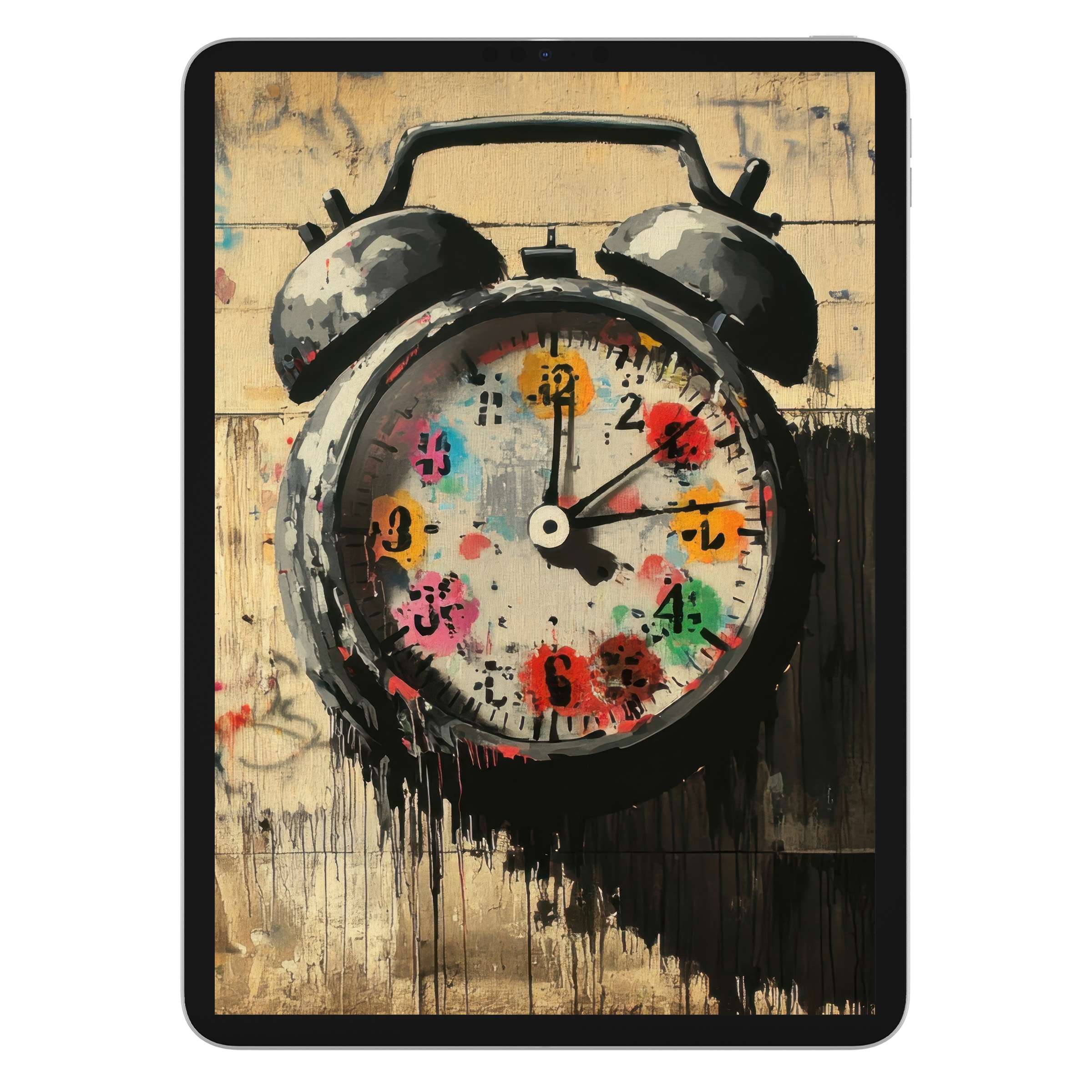 Street art iPad wallpaper featuring a vibrant, colorful clock on a textured canvas—ideal digital download for tablet backgrounds