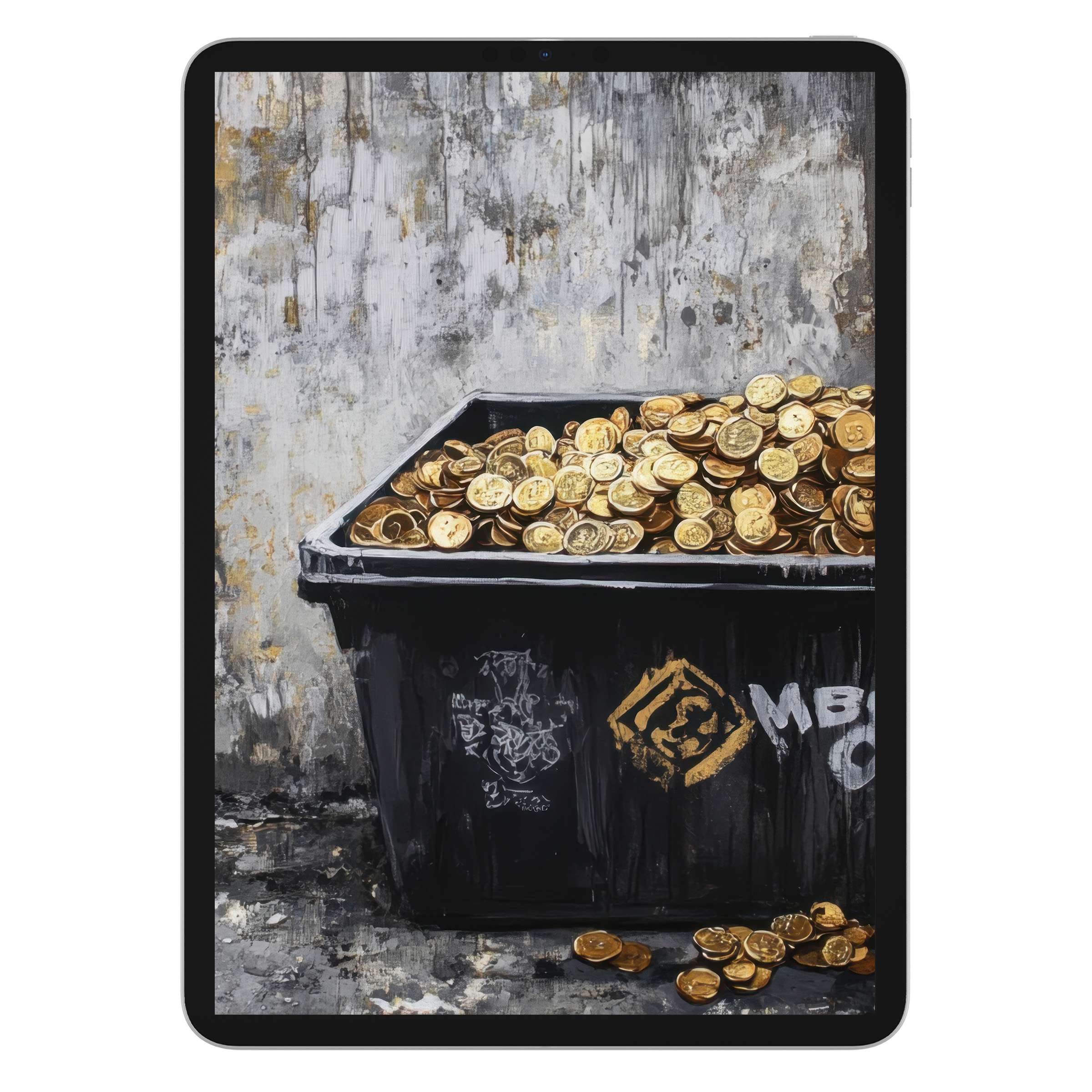 Street art iPad wallpaper featuring gold coins in a bin against a textured gray wall, perfect digital download for tablet background