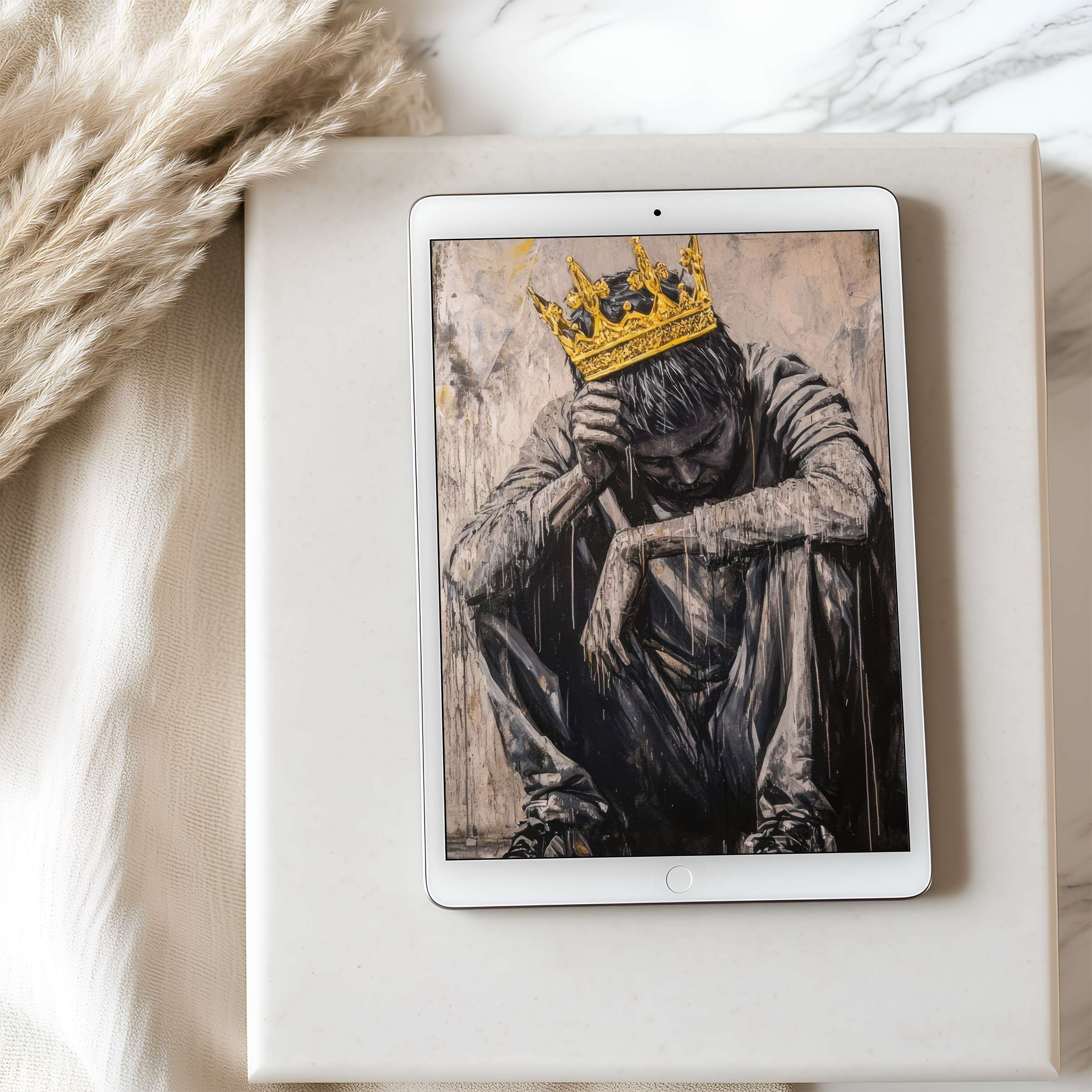 Elegant digital art featuring a pensive figure in a crown, perfect for tablet wallpaper on iPad, high resolution download
