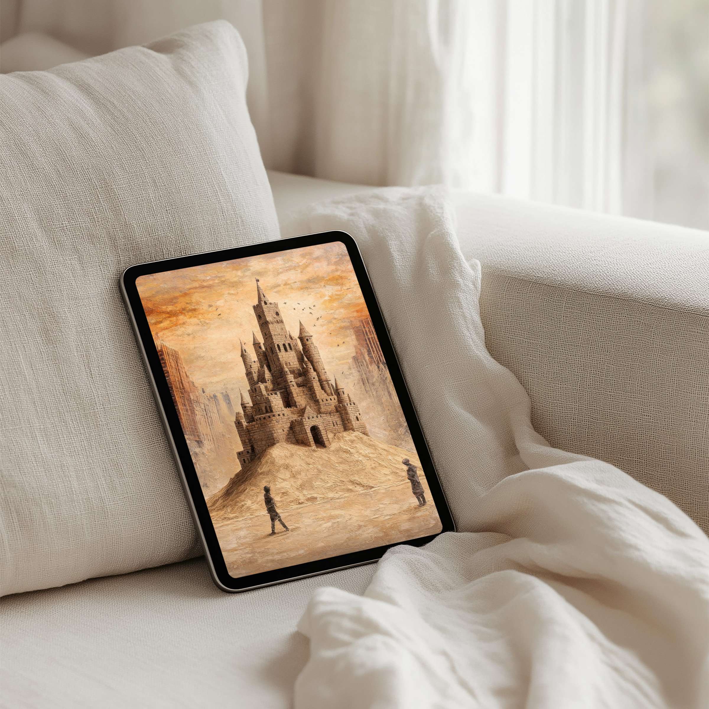 Elegant iPad background featuring a serene sandcastle scene perfect for instant download on any tablet, inspiring calm and creativity