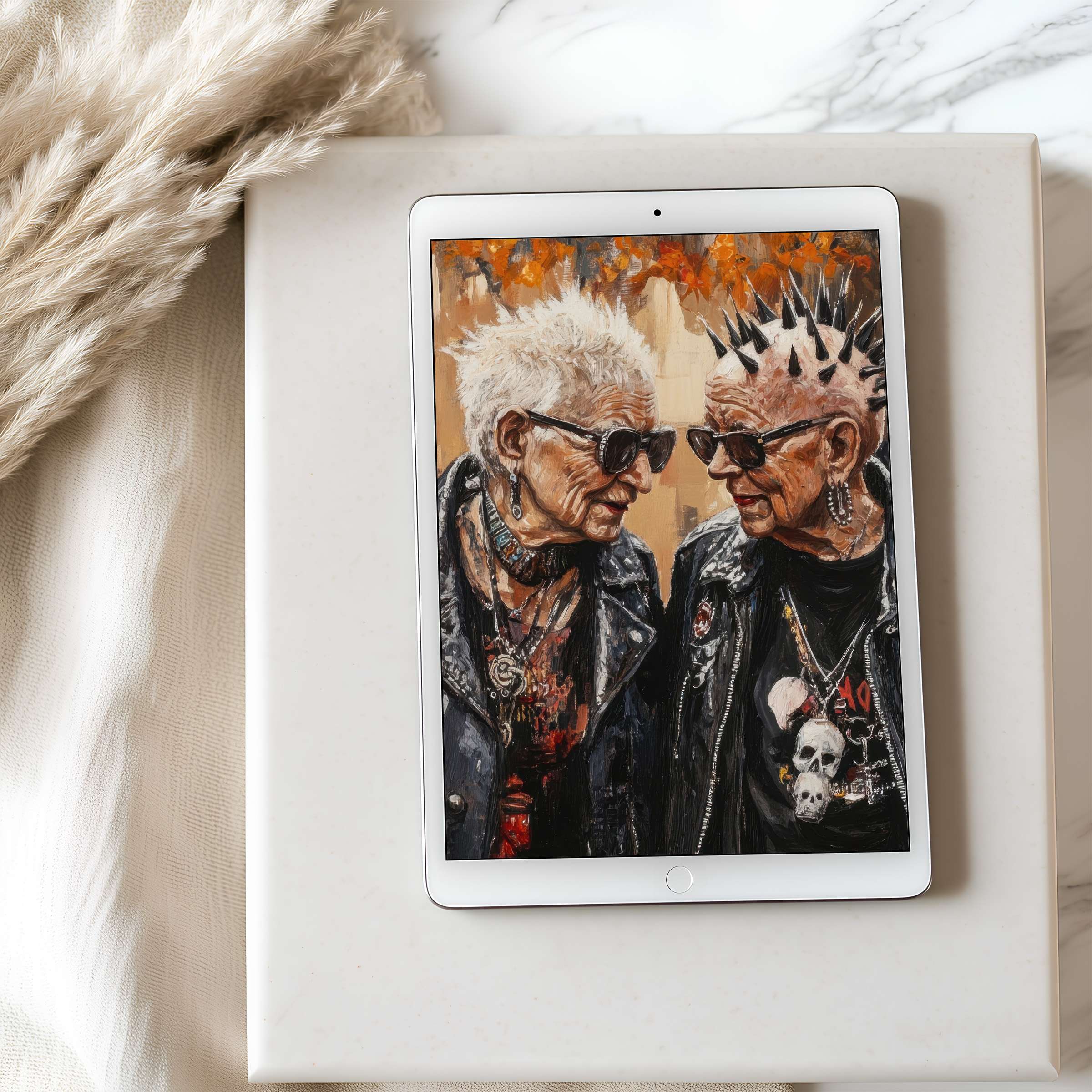 Vibrant autumn-inspired punk art on a tablet wallpaper offers a high-resolution escape, perfect for iPad and Android downloads