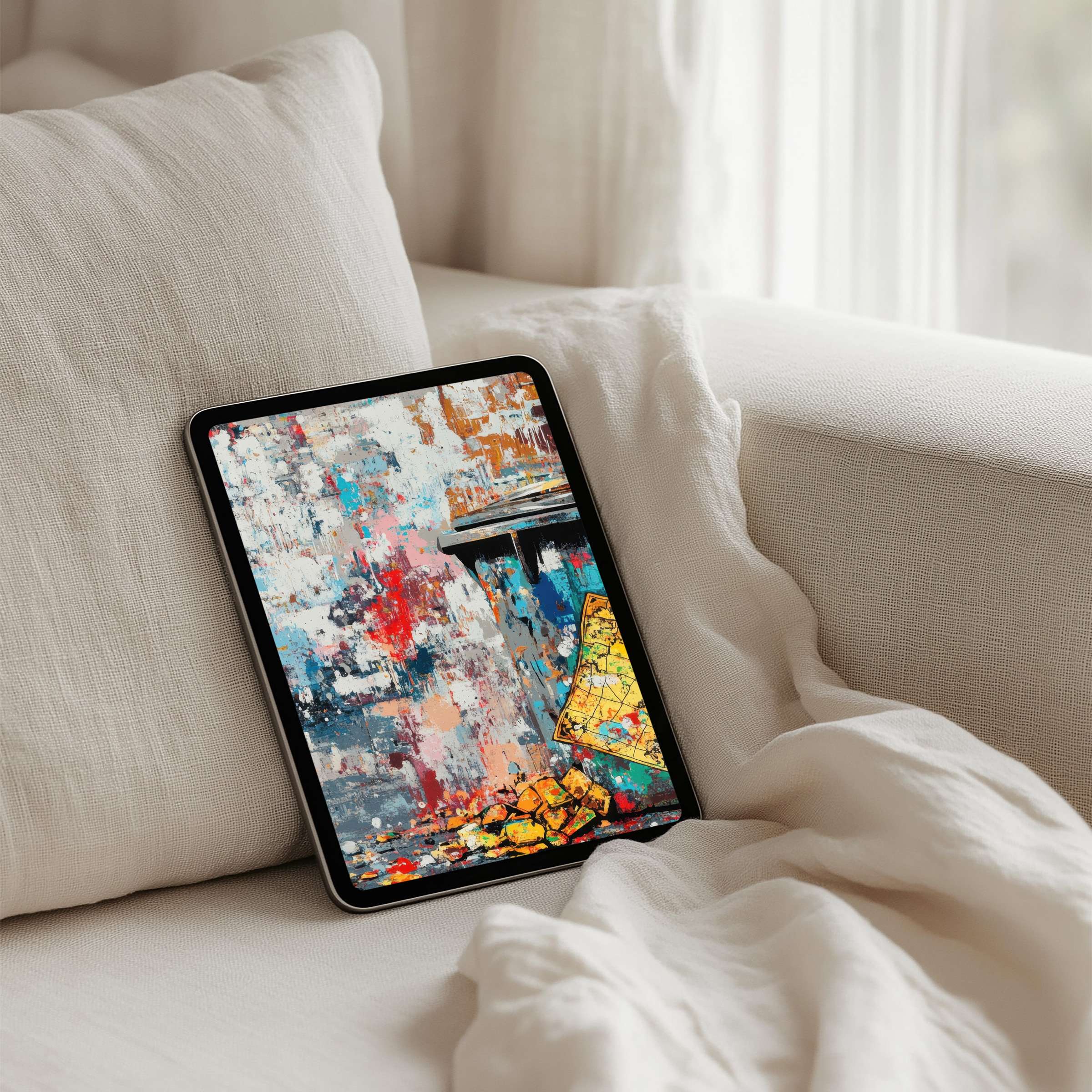 Elegant abstract art with vibrant colors on iPad background for instant download inspires calm in any tablet setting