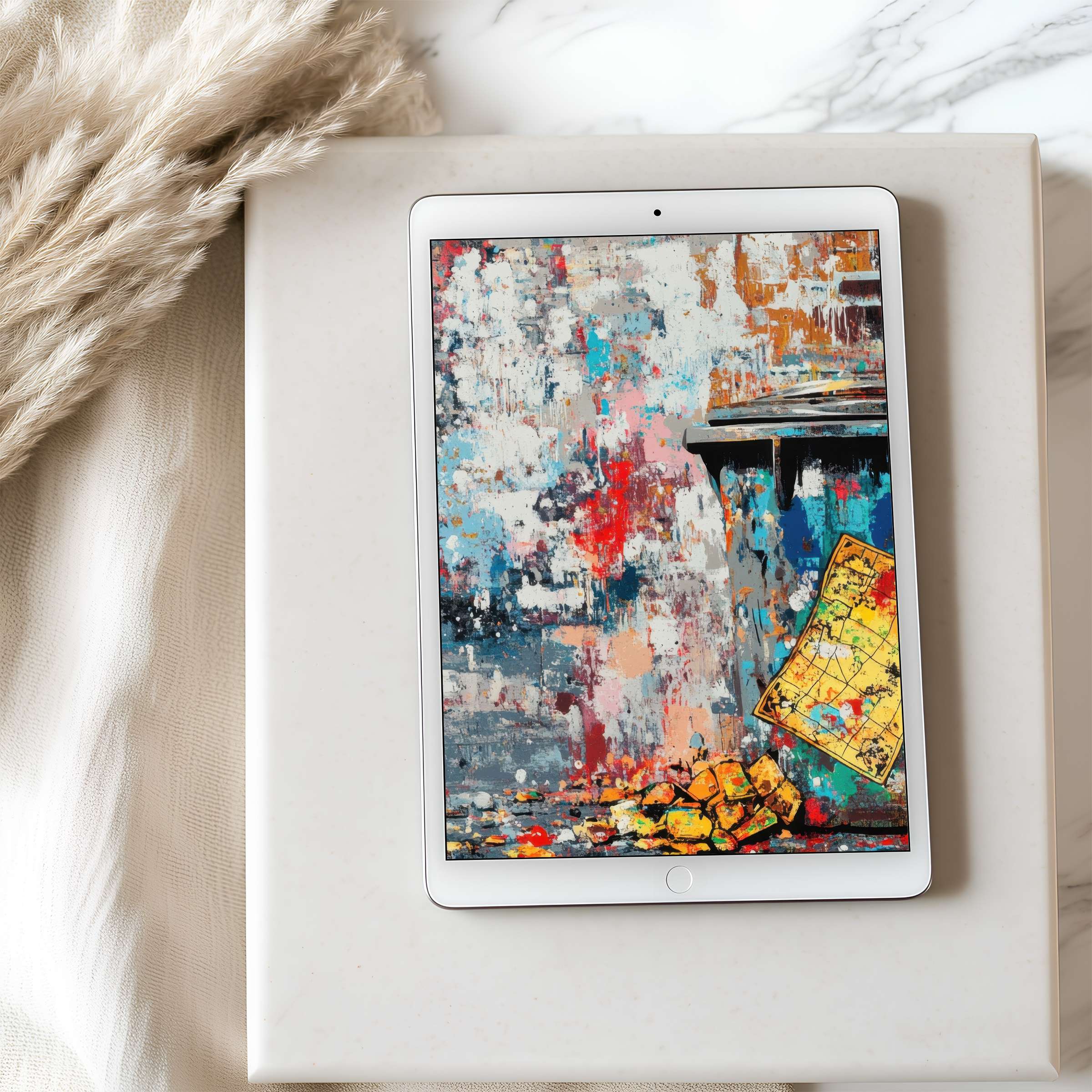 Vibrant abstract art tablet wallpaper for iPad, blending warm hues with modern elegance, perfect for a digital download decor refresh