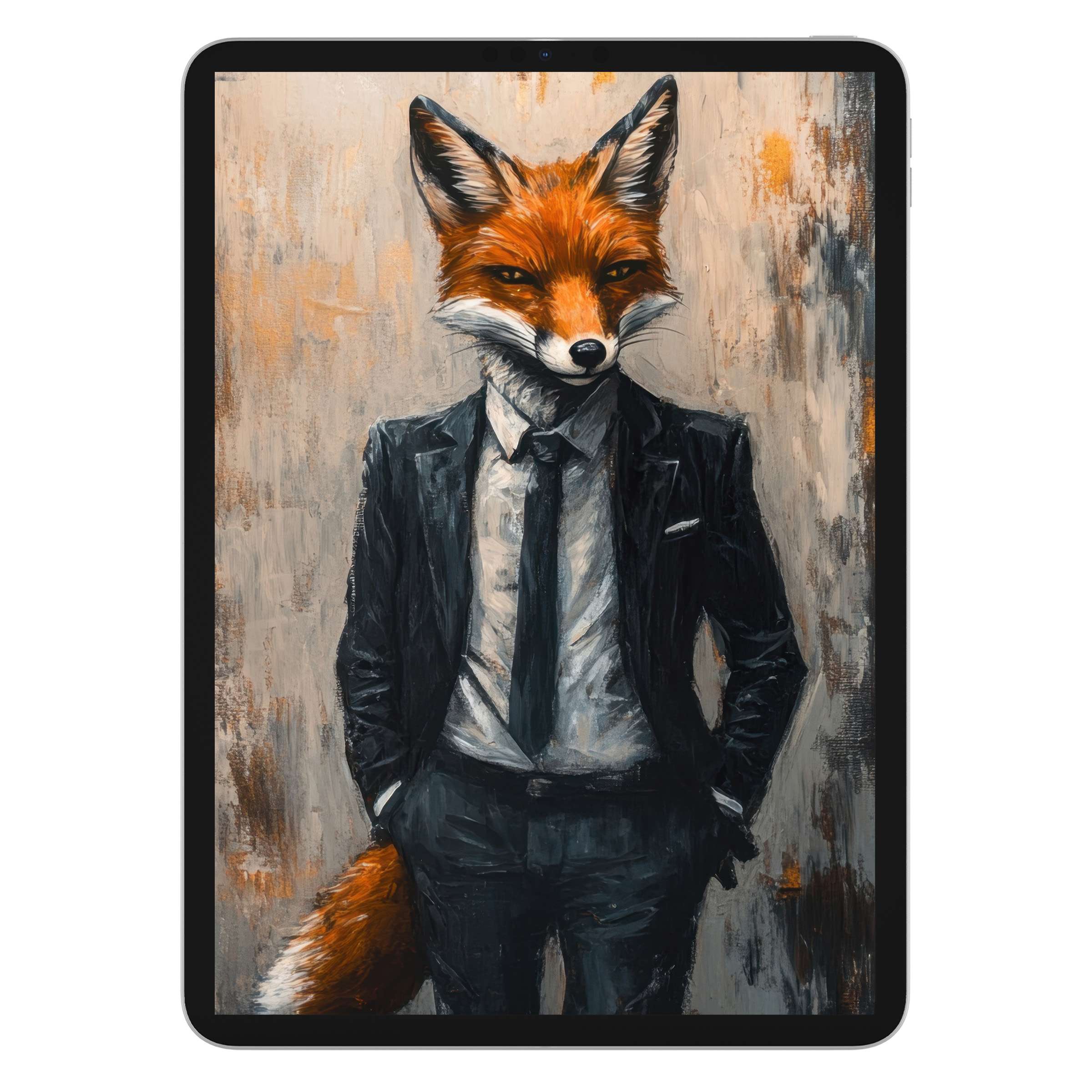 Street art iPad wallpaper featuring a stylish fox in a suit, creating a sophisticated digital download background for tablets