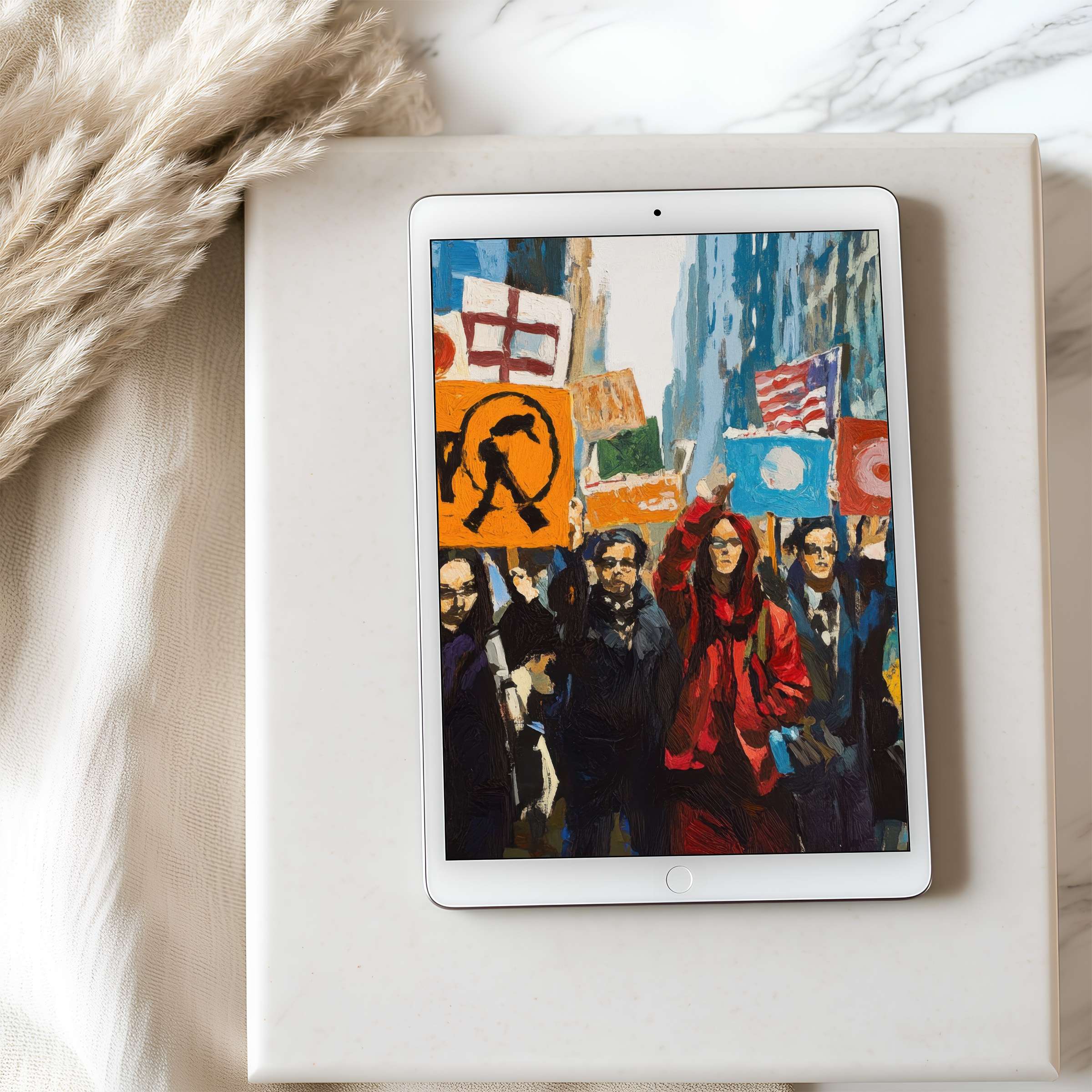 Vibrant protest art tablet wallpaper in high resolution, set in a chic, calm space with sustainable decor for inspired tablet use