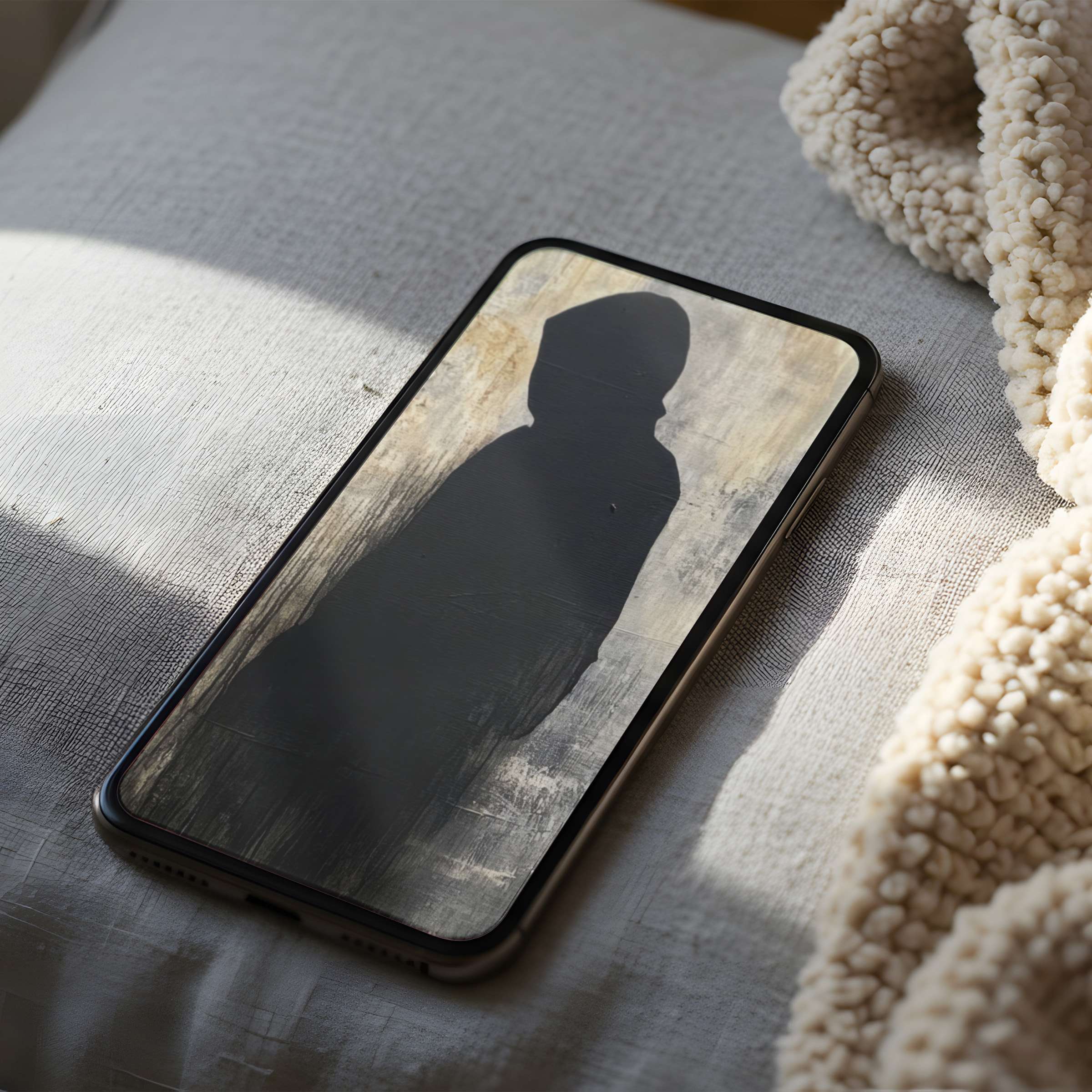 Minimalist phone wallpaper featuring a shadowy silhouette on textured background in high resolution, ideal for iPhone and Android phones