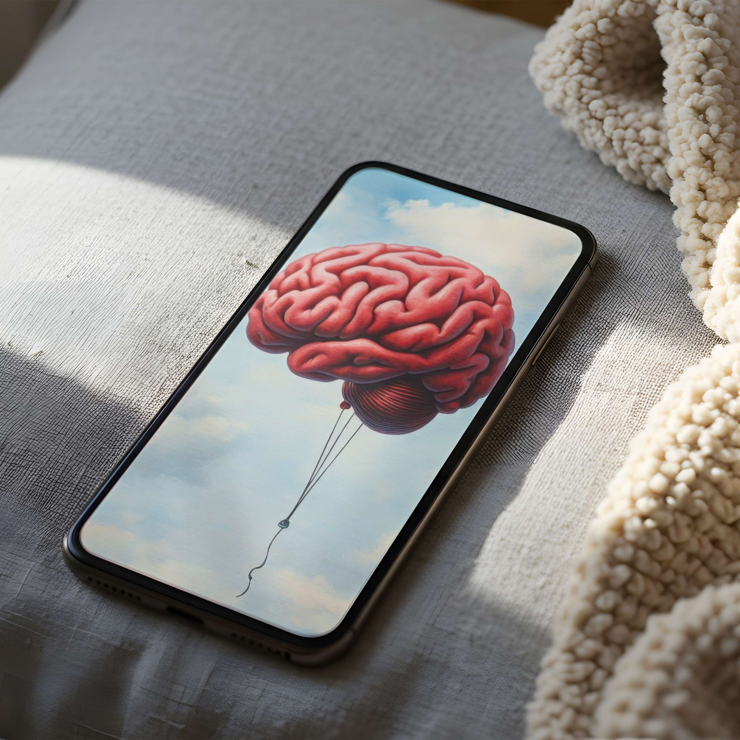 Elevate your device with a serene brain motif phone wallpaper featuring soft clouds, high resolution for iPhone and Android download