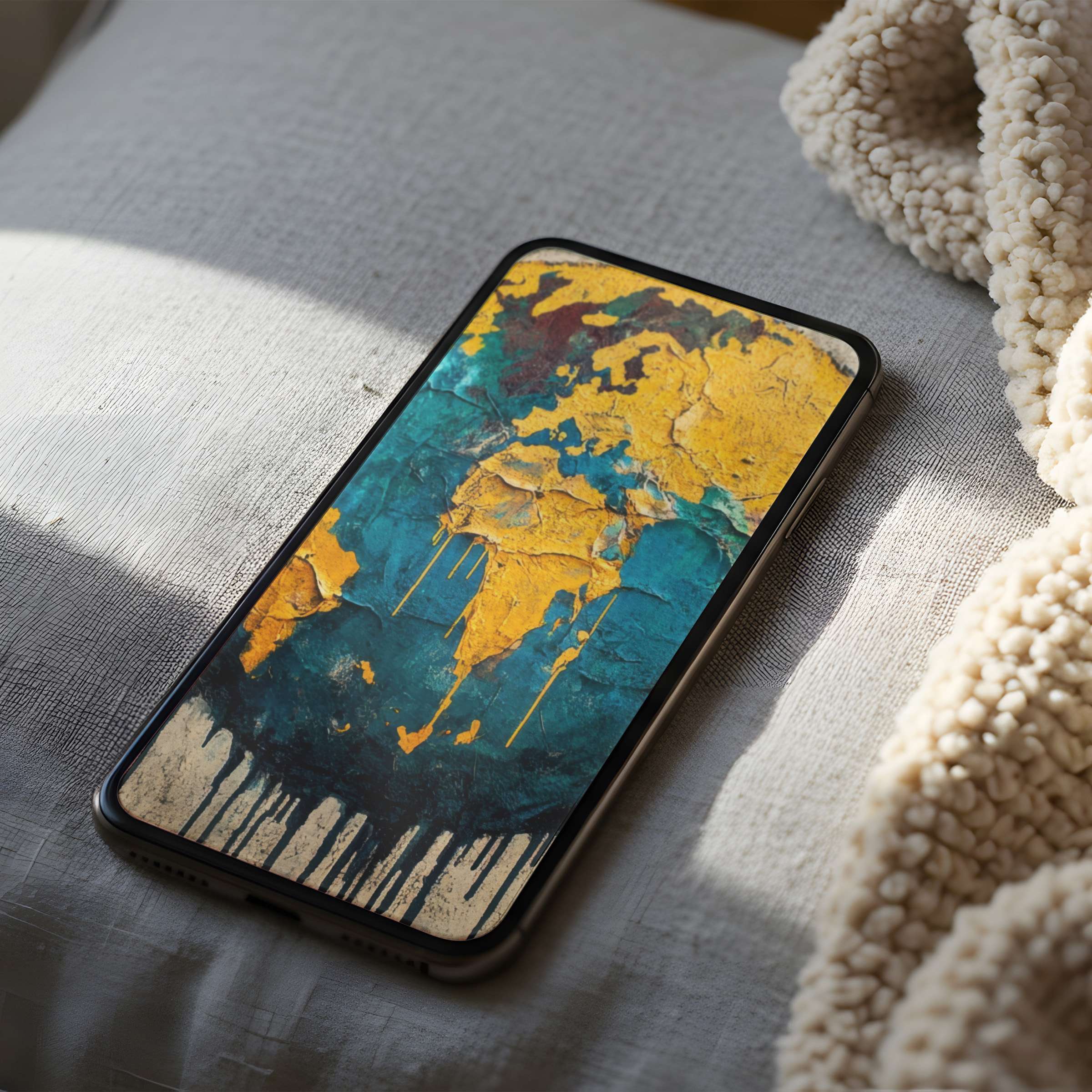 Curated phone wallpaper with a calming blue and gold world map motif perfect for Android or iPhone digital download high resolution