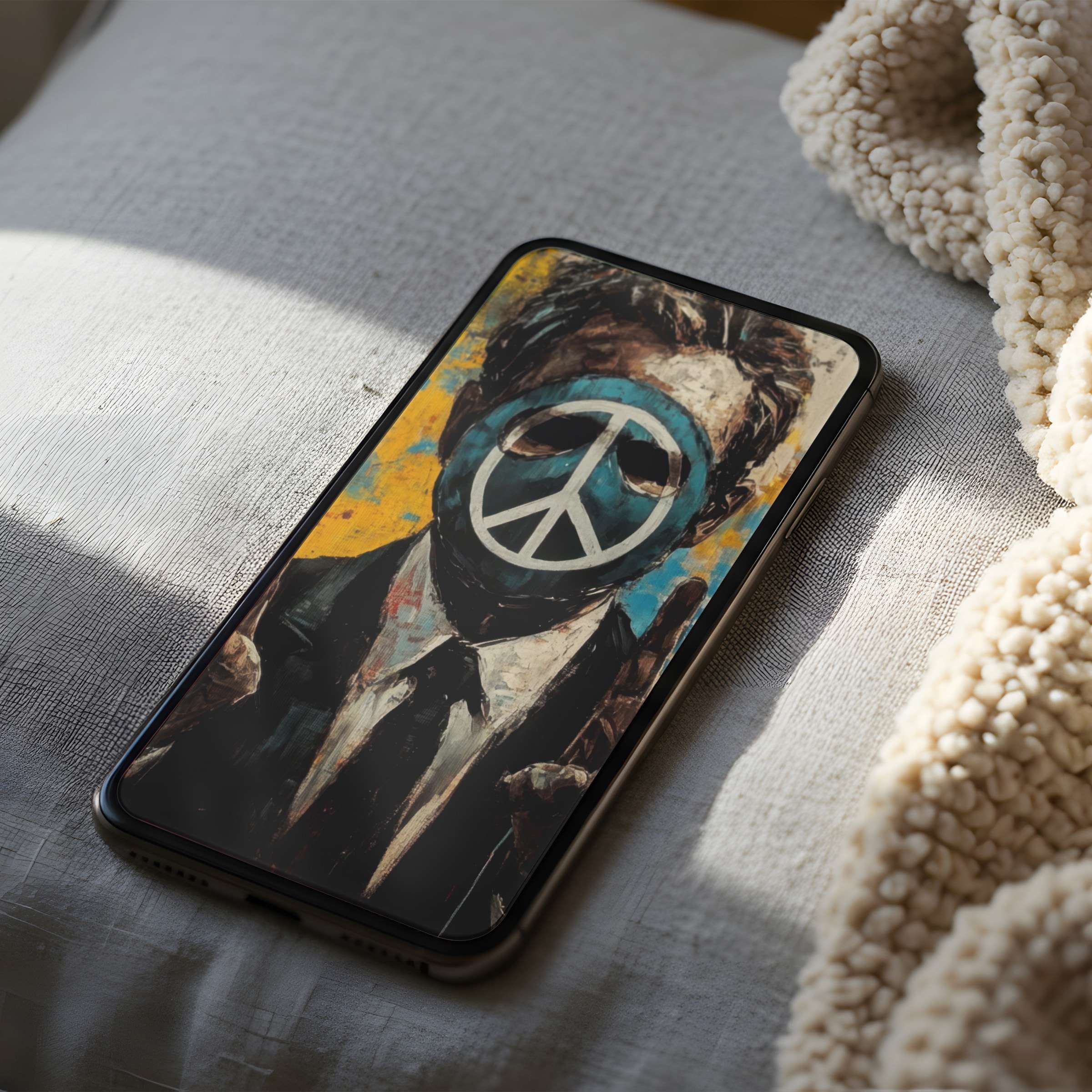 Elegant digital art phone wallpaper featuring a peace symbol on abstract portrait, perfect for iPhone and Android download in high resolution