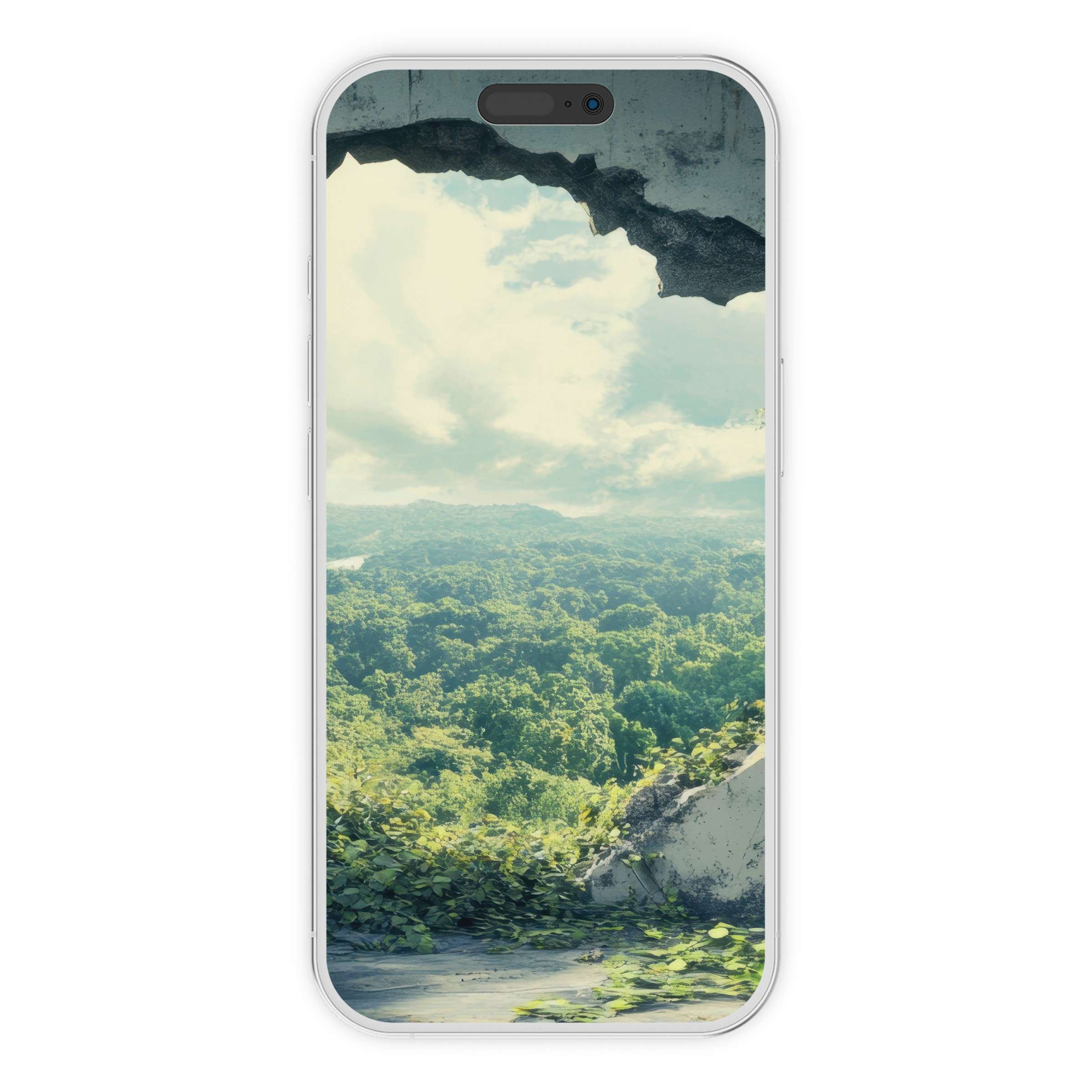 Serene street art iPhone wallpaper showcasing lush greenery through a broken wall offers calm, eco-inspired phone background digital download