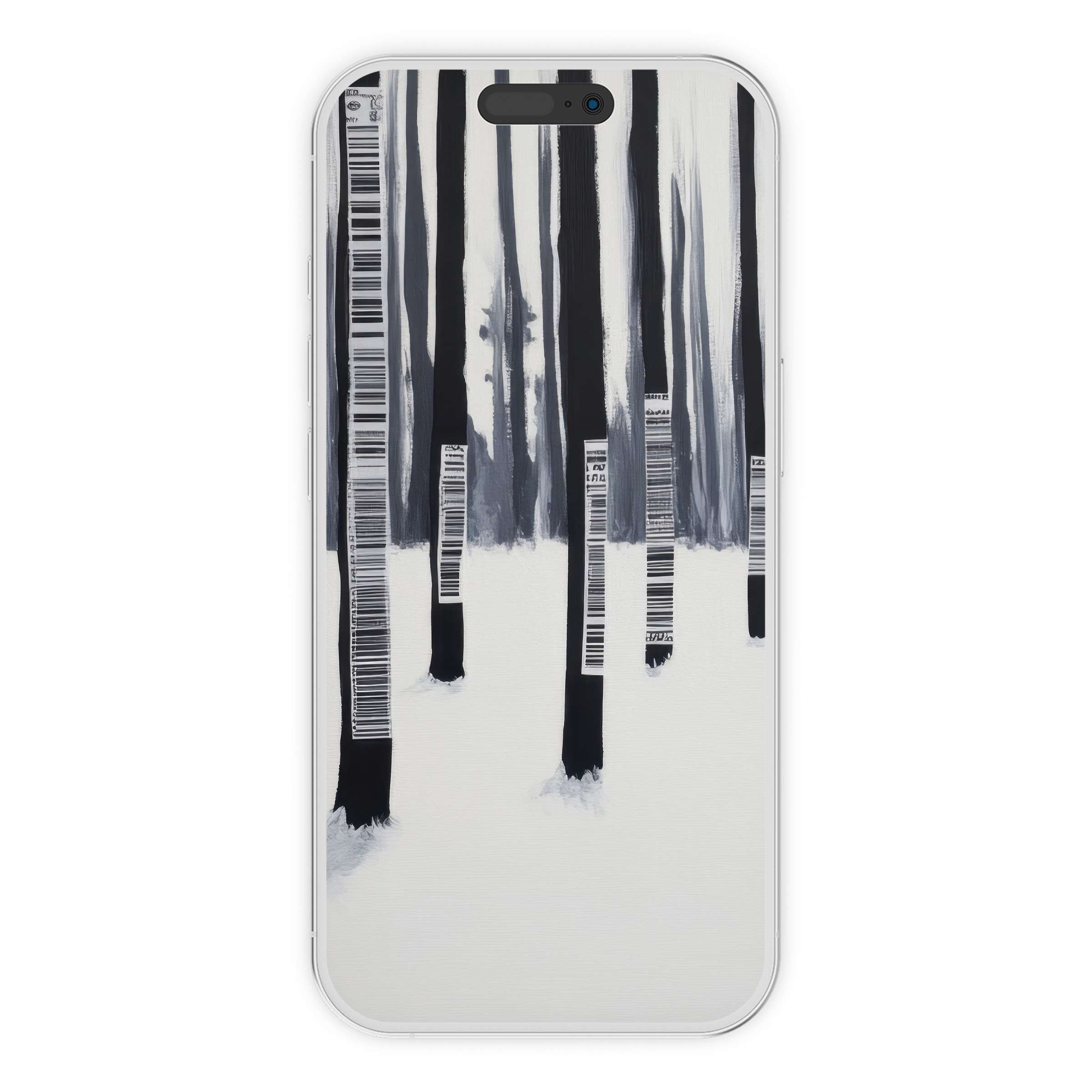 Monochrome street art iPhone wallpaper with barcode trees for an elegant phone background digital download suitable for all devices