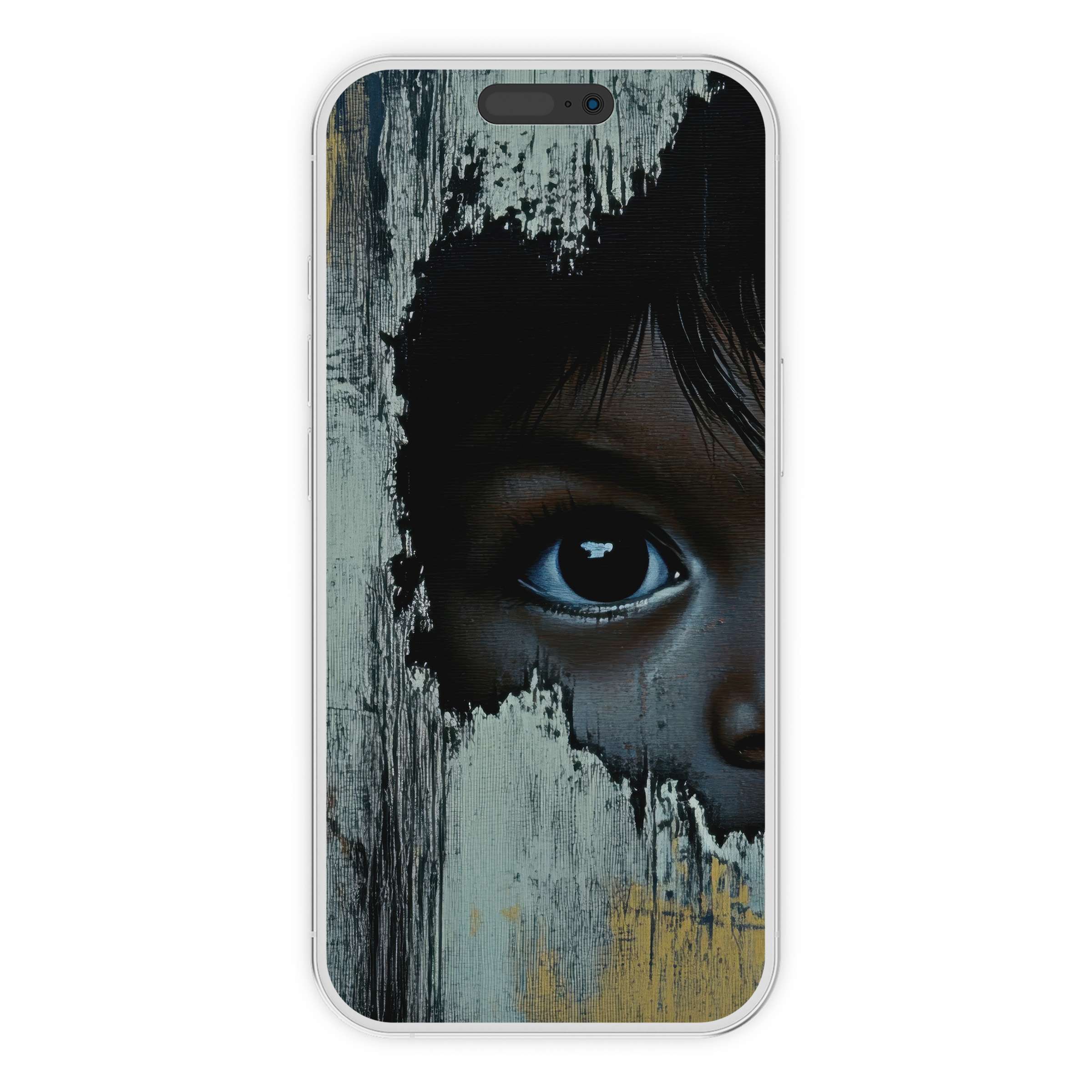 Street art iPhone wallpaper with a serene eye peering through textured layers, perfect digital download for a tranquil phone background