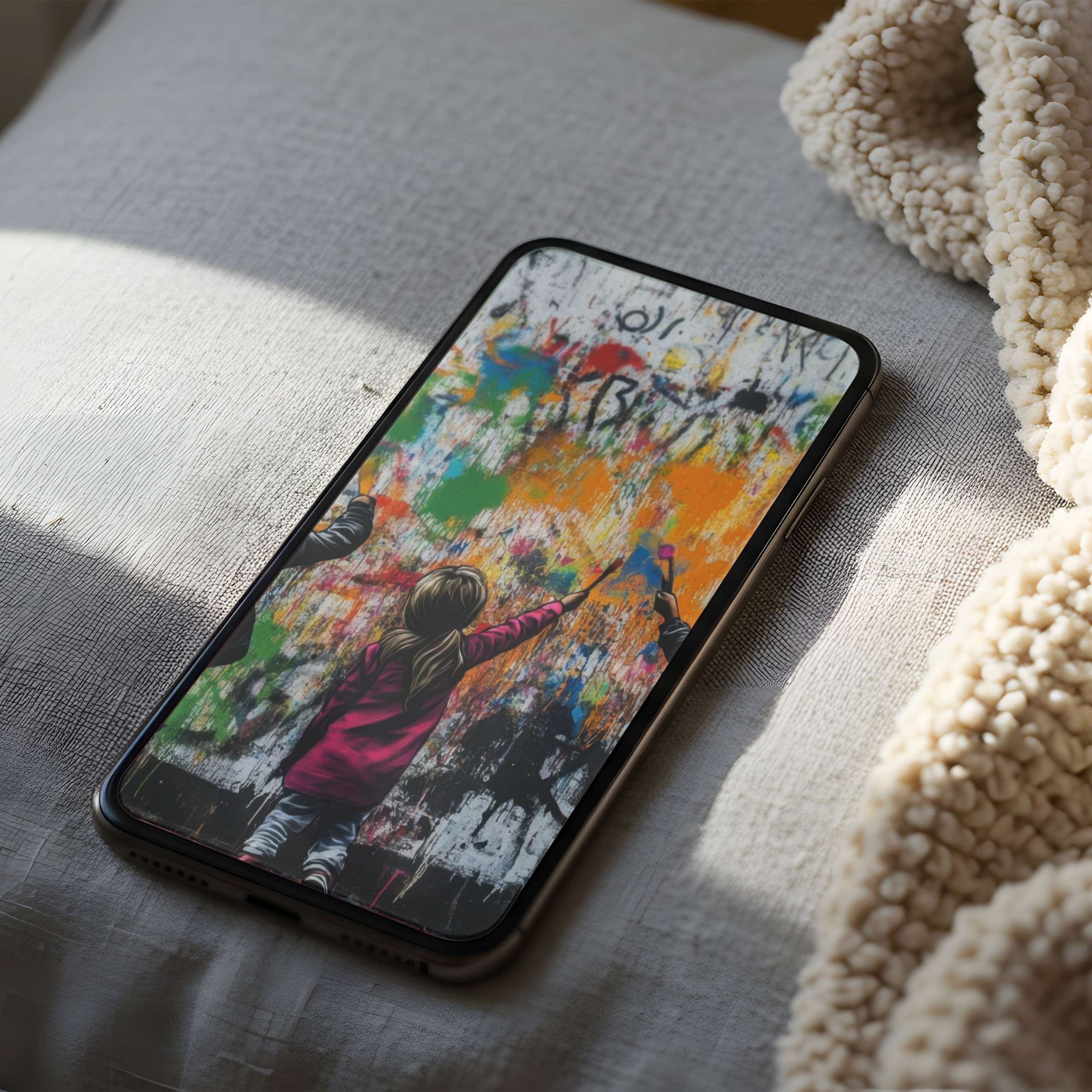 Vibrant phone wallpaper featuring a child painting a colorful mural in high resolution offers daily inspiration for iPhone and Android users