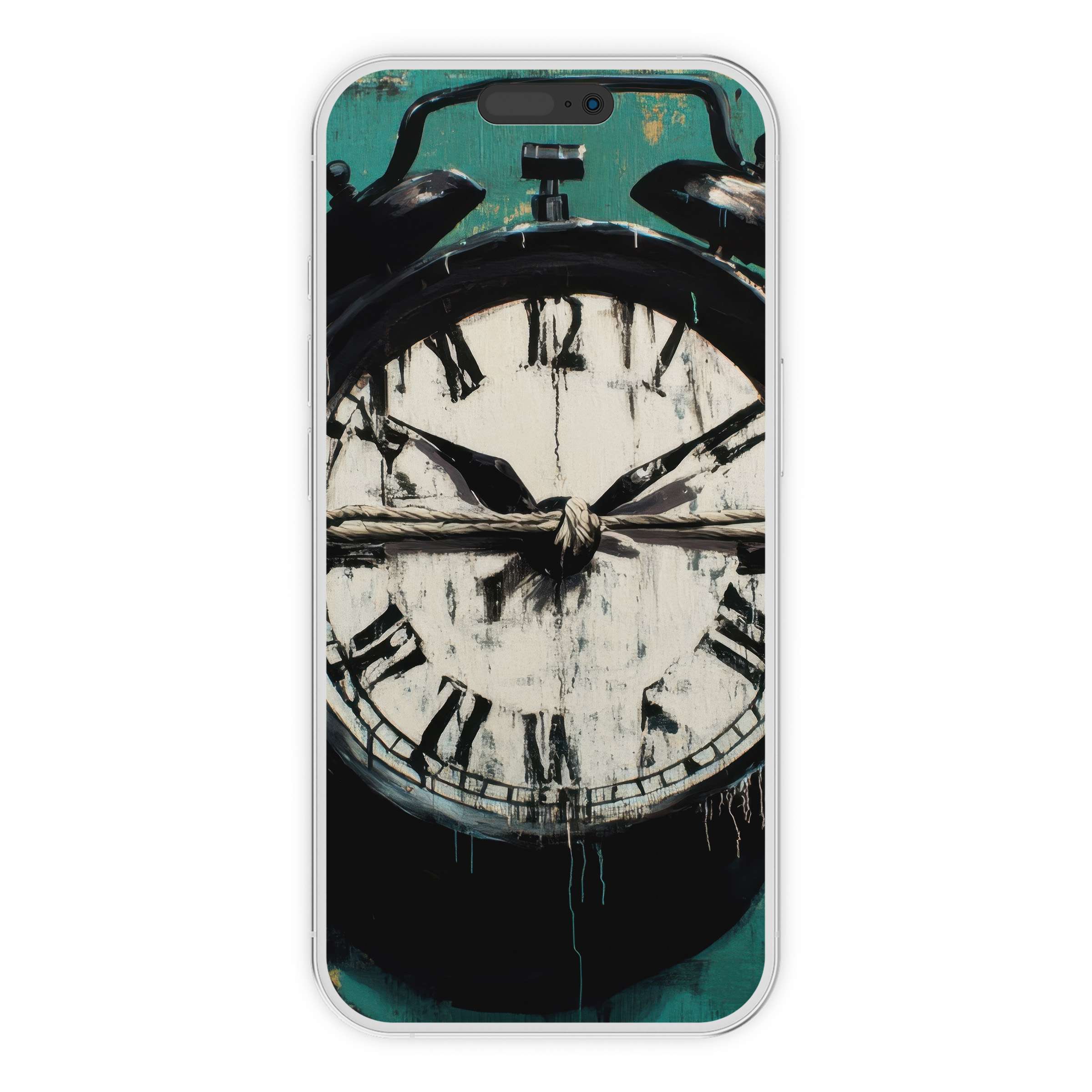 Street art iPhone wallpaper featuring a vintage clock on teal background offers digital download for phone, timeless aesthetics
