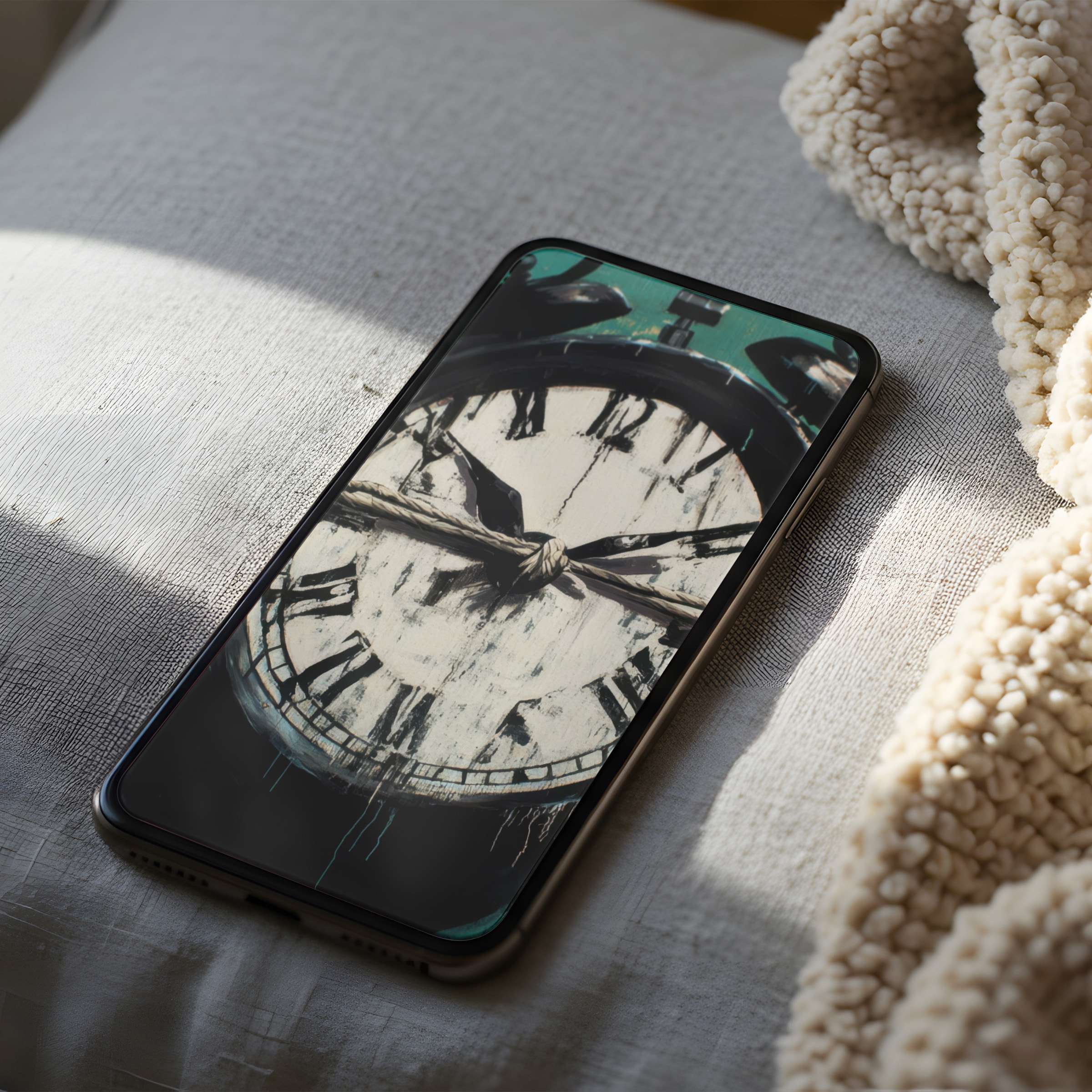 Vintage clock phone wallpaper in high resolution on plush bedding inspires timeless elegance, perfect for iPhone or Android download
