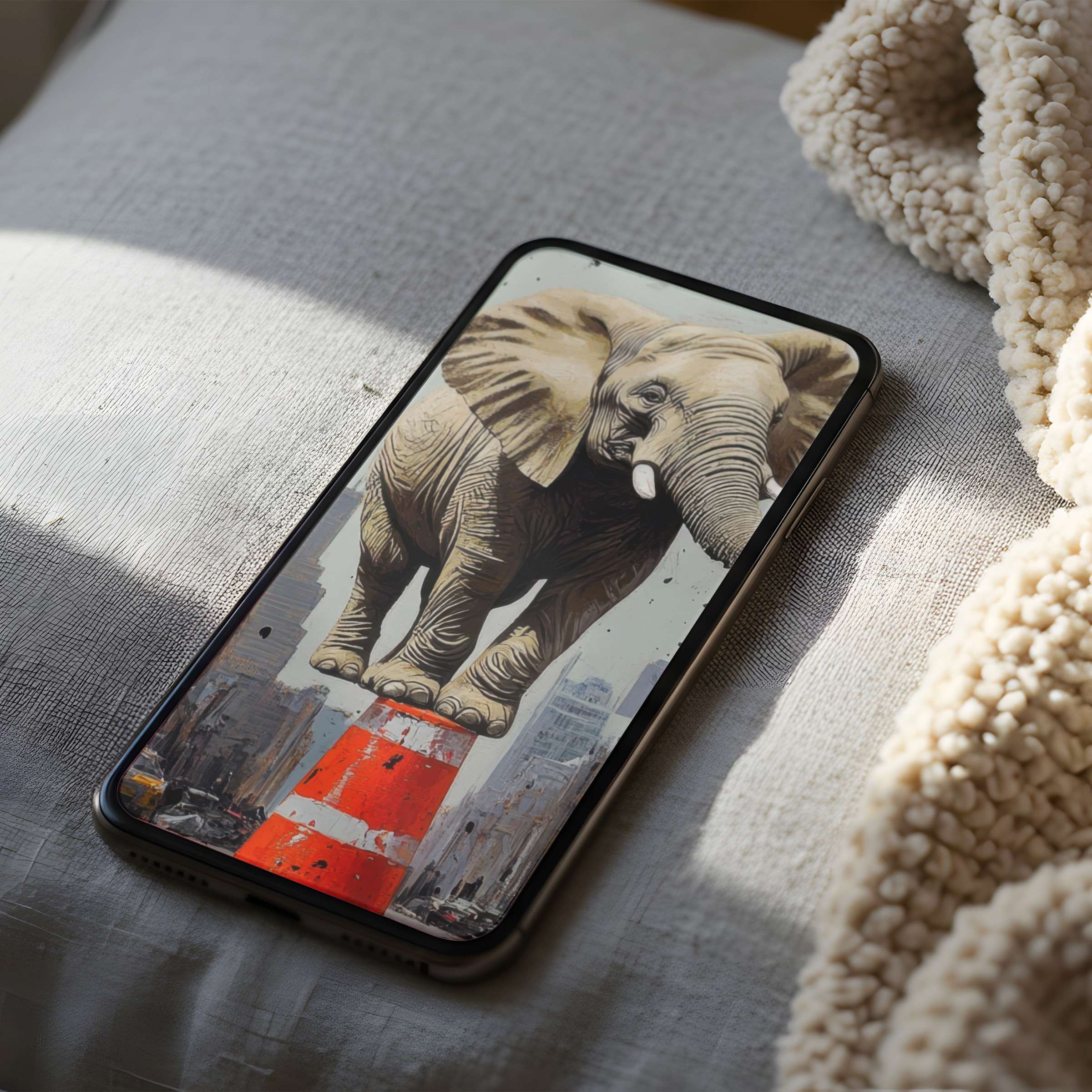 Elegant elephant balancing on a cone cityscape phone wallpaper high resolution perfect for iPhone Android download tranquility beauty
