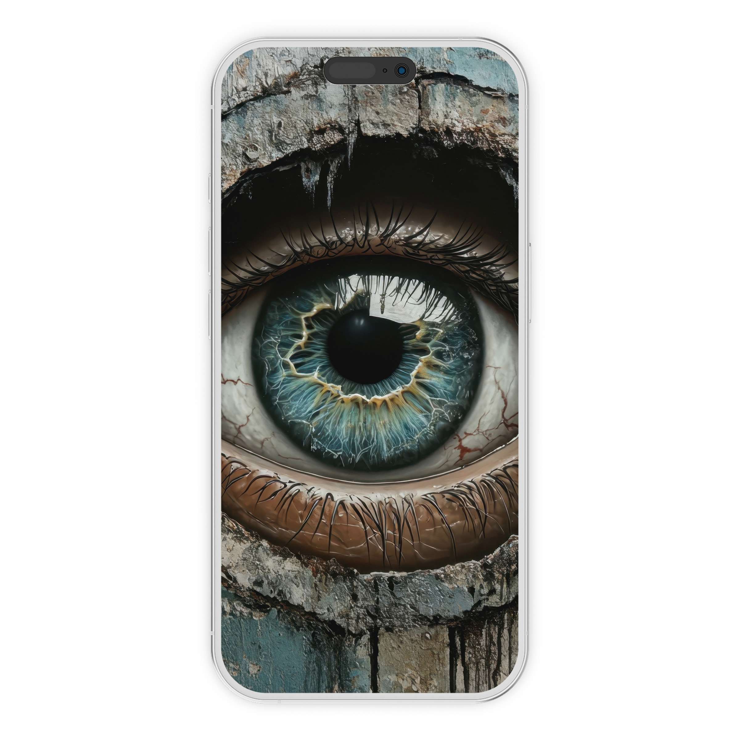 Street art iPhone wallpaper featuring a vivid blue eye on a textured wall, perfect phone background for inspiring digital download