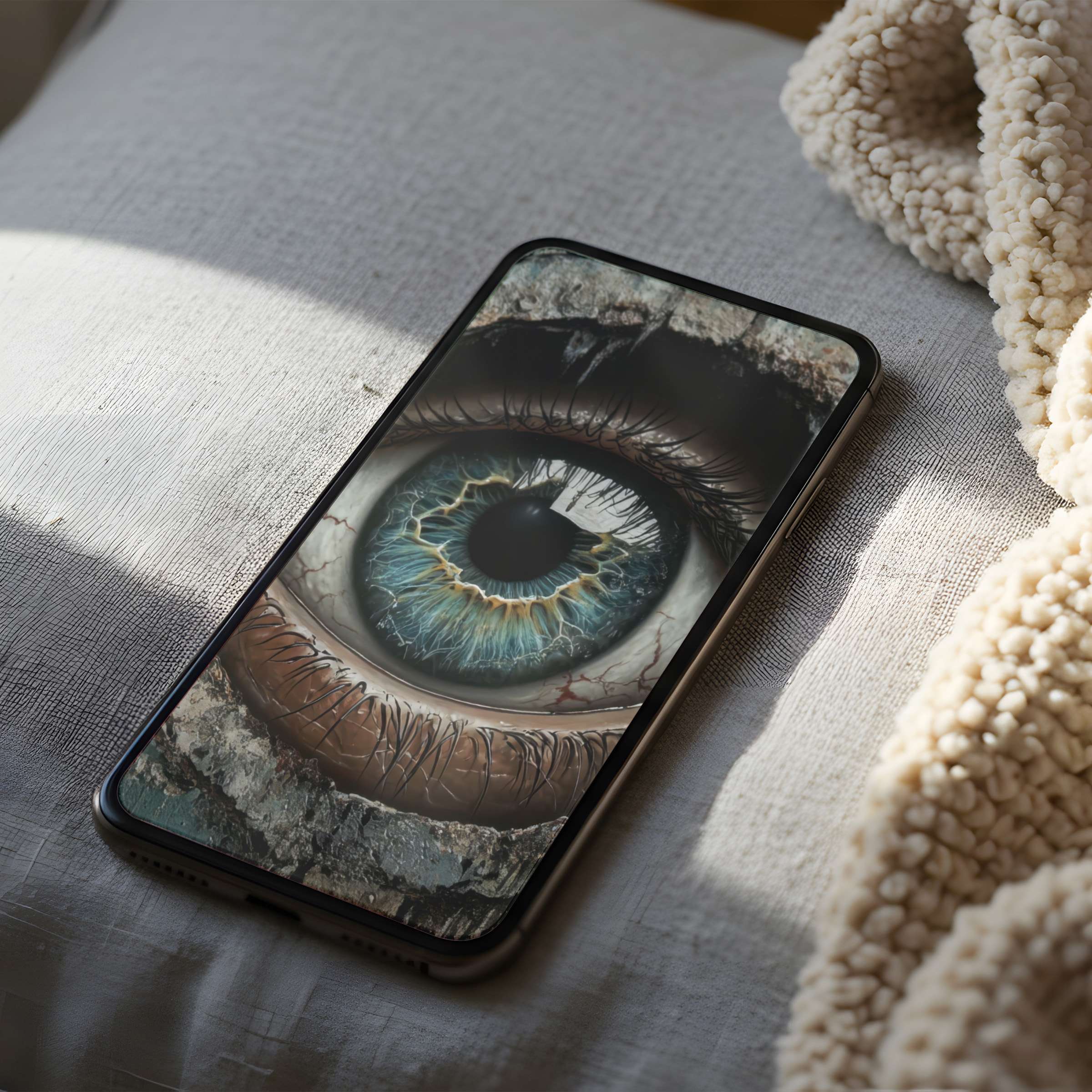 High-resolution phone wallpaper featuring a captivating, detailed eye design on soft textures, ideal for iPhone digital download elegance