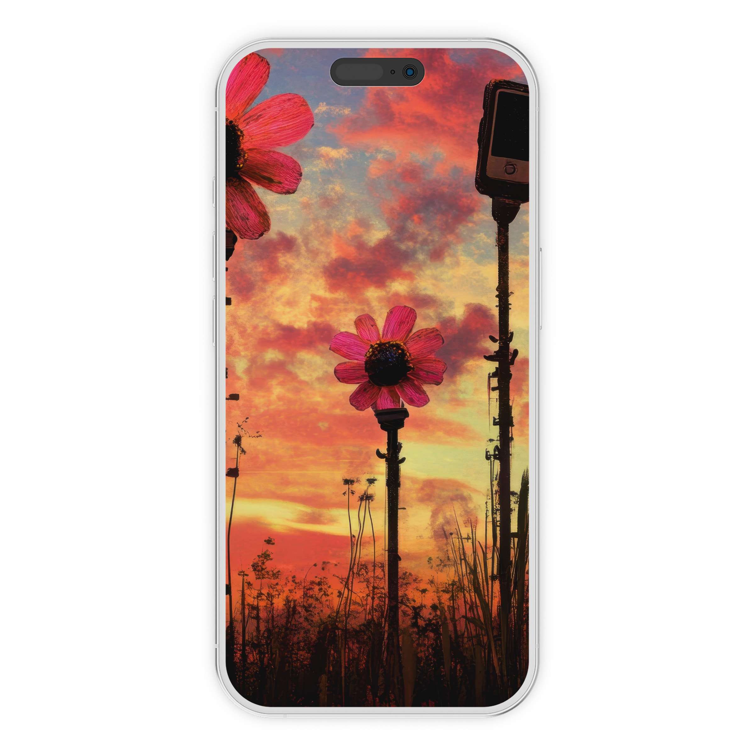 Vibrant street art iPhone wallpaper with digital download offers a serene phone background featuring flowers against a sunset sky