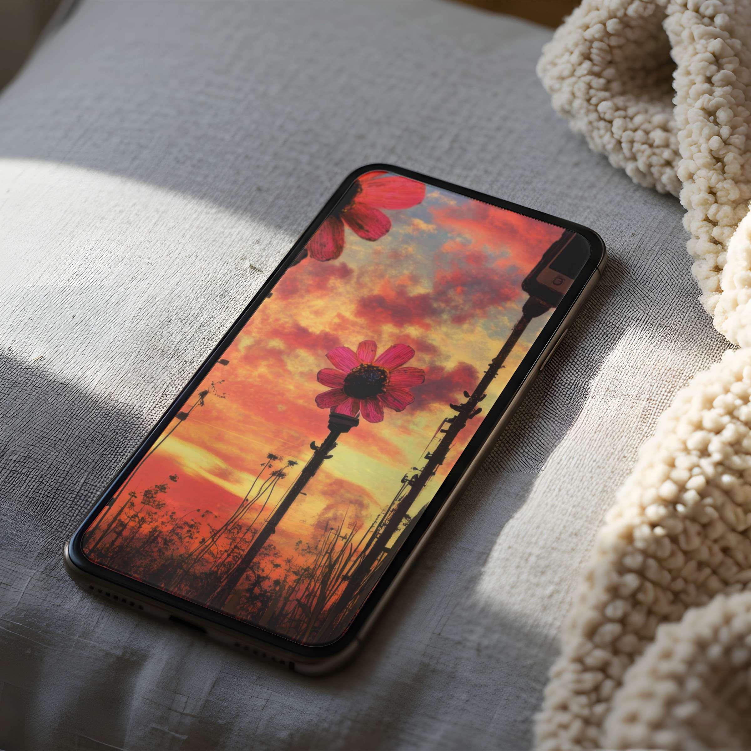 Vibrant phone wallpaper featuring pink flowers against a sunset sky, perfect for iPhone and Android, enhancing digital serenity and style