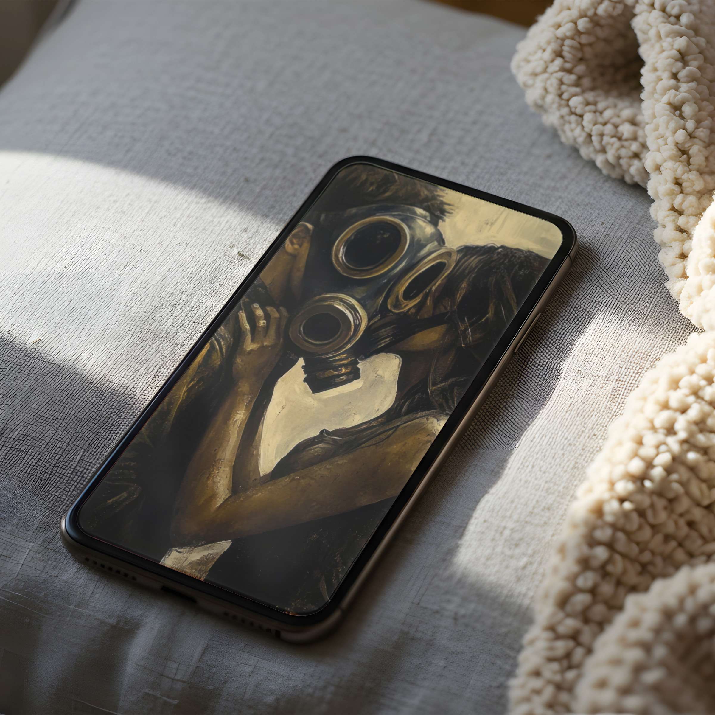 Elegant phone wallpaper with a sepia-toned couple in gas masks, ideal for iPhone and Android, offering high-resolution digital download