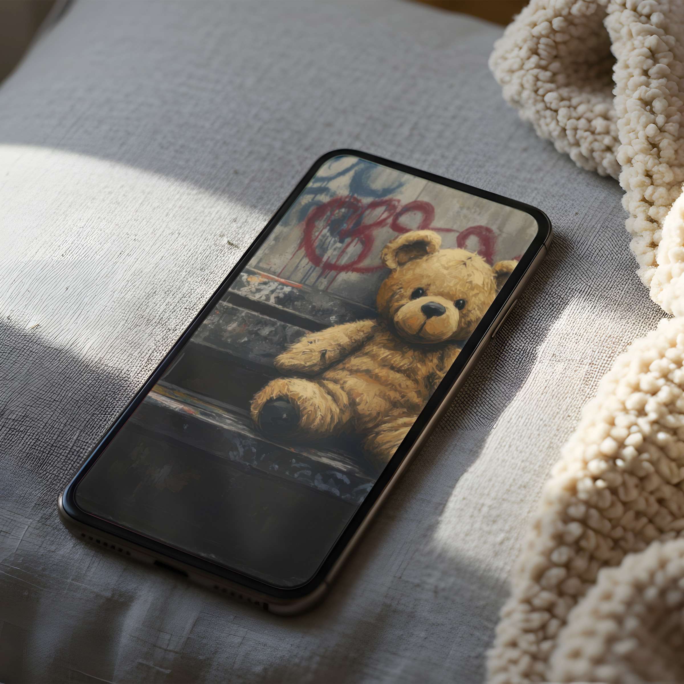 Cozy phone wallpaper featuring a teddy bear on graffiti backdrop offers a calming, high-resolution digital download for iPhone and Android users