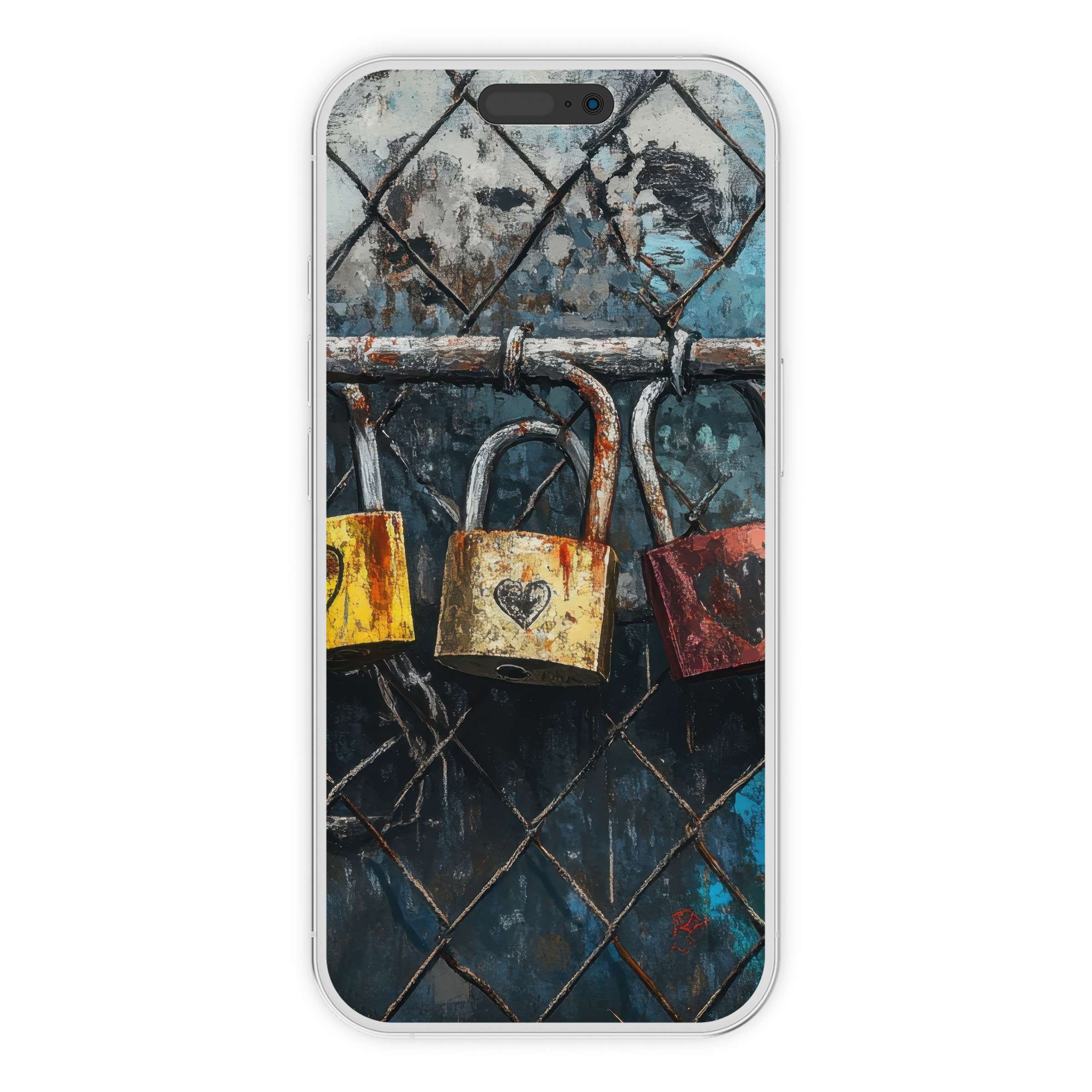 Street art iPhone wallpaper digital download featuring vibrant padlocks with heart motifs offers an elegant phone background for Android too