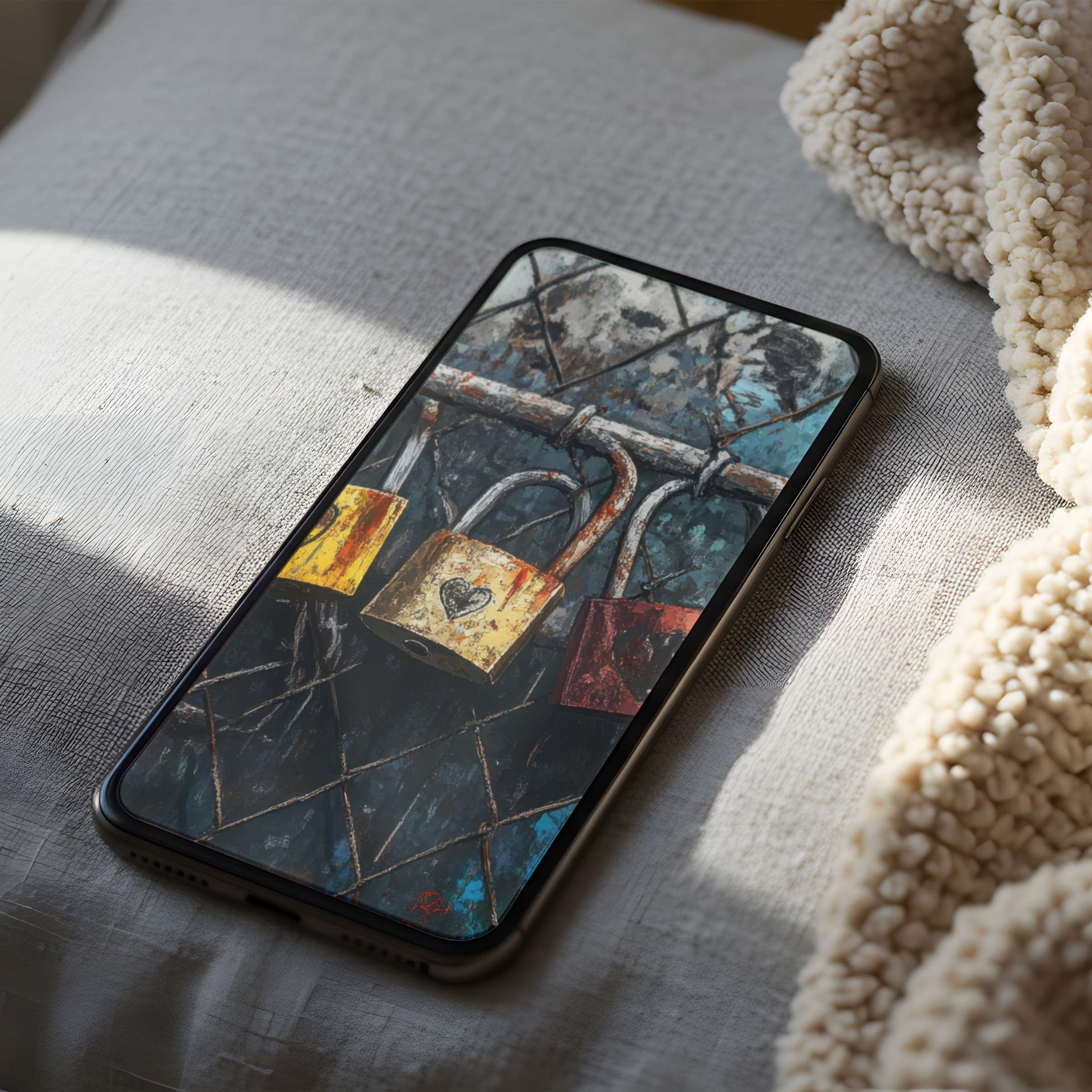 Elegant phone wallpaper featuring vibrant locks on a rustic fence, this high-resolution digital download enhances any interior's calm