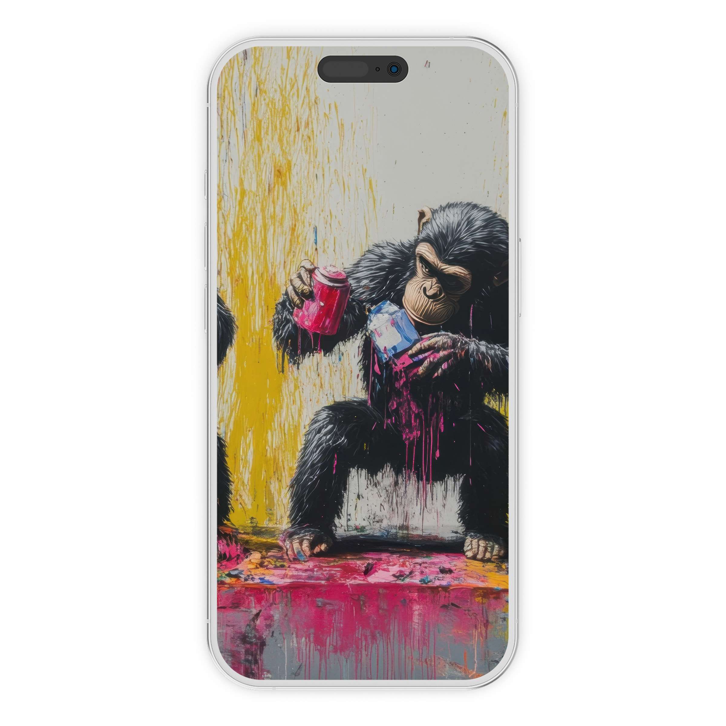 Street art iPhone wallpaper featuring monkeys with spray cans on vibrant yellow and pink background digital download for phones