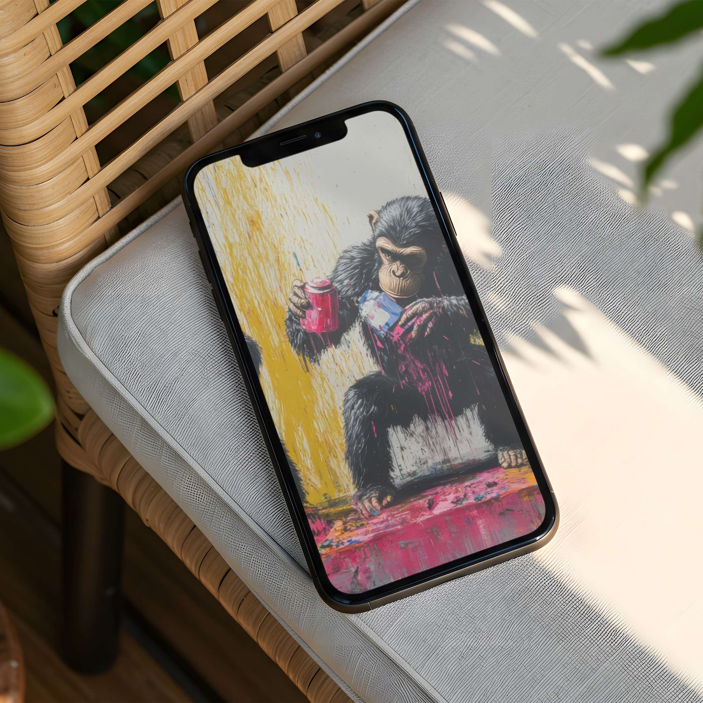 Artistic iPhone background featuring a chimpanzee painting vibrant colors symbolizes creativity and calm instant download for any phone