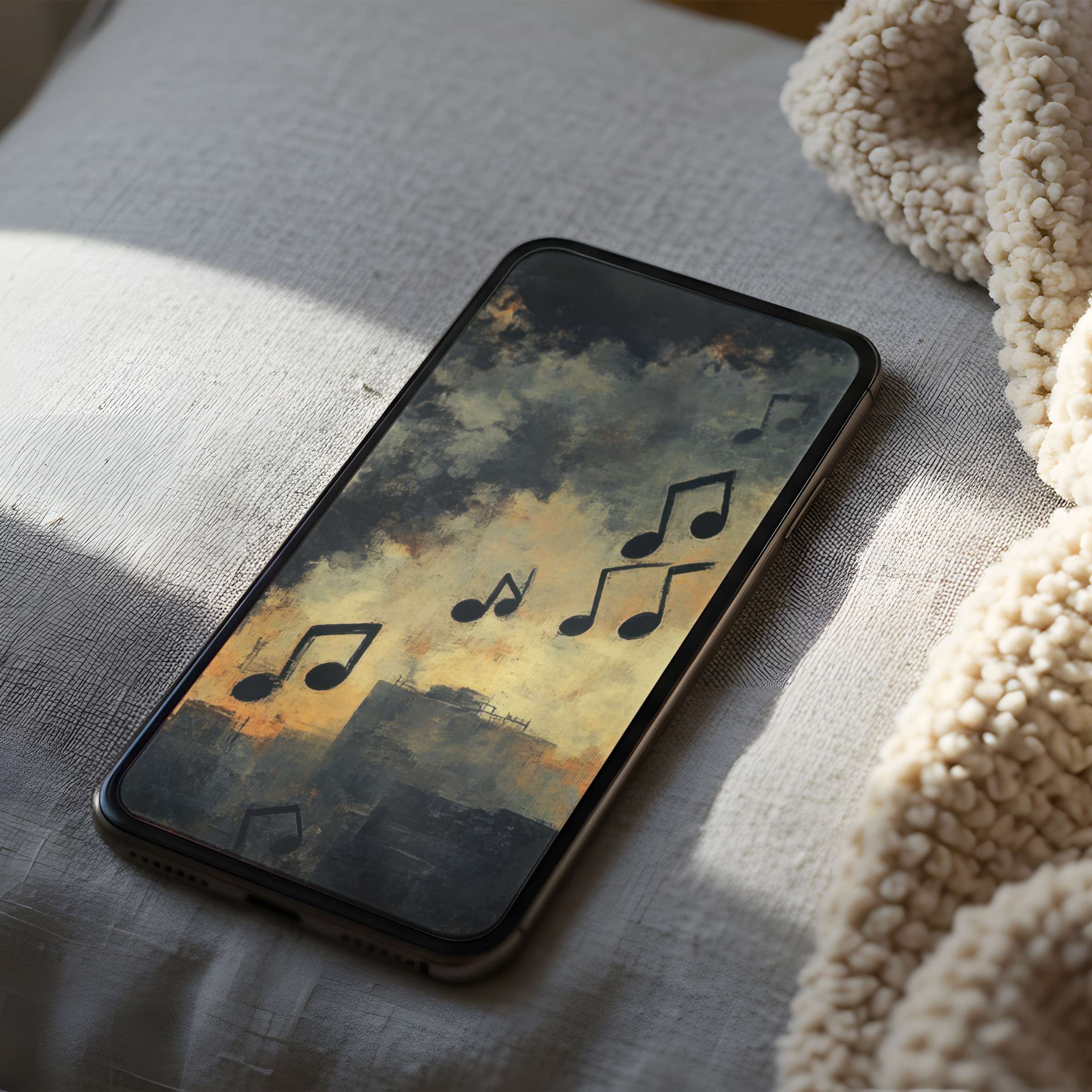 Elegant music-themed phone wallpaper featuring artistic notes on a serene urban background, curated for high resolution iPhone or android phones