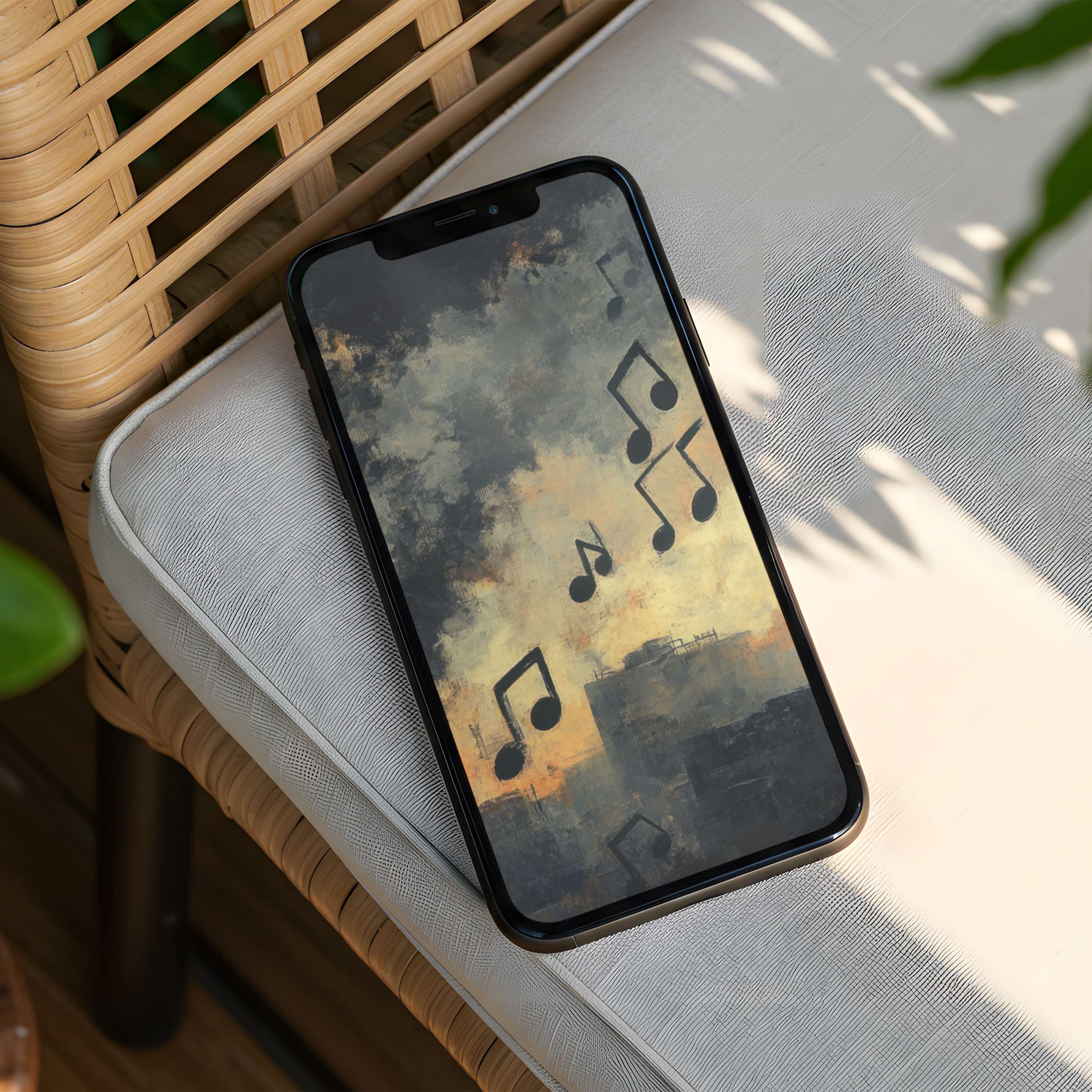 Serene iPhone background with artistic musical notes on a calm canvas evokes mindfulness and elegance for instant download on any phone