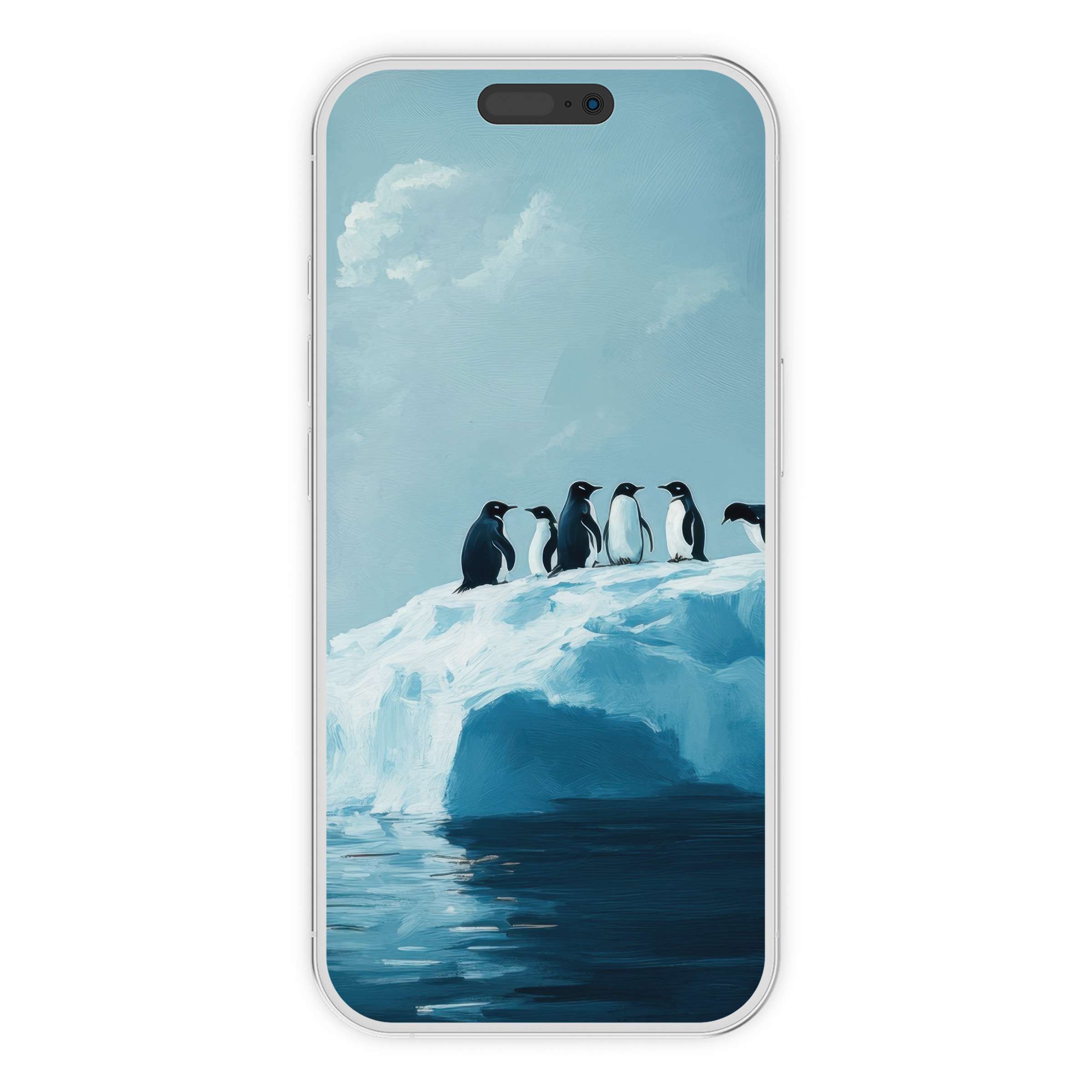 Penguins on icy blue landscape create a serene street art iPhone wallpaper, perfect phone background choice for digital download fans
