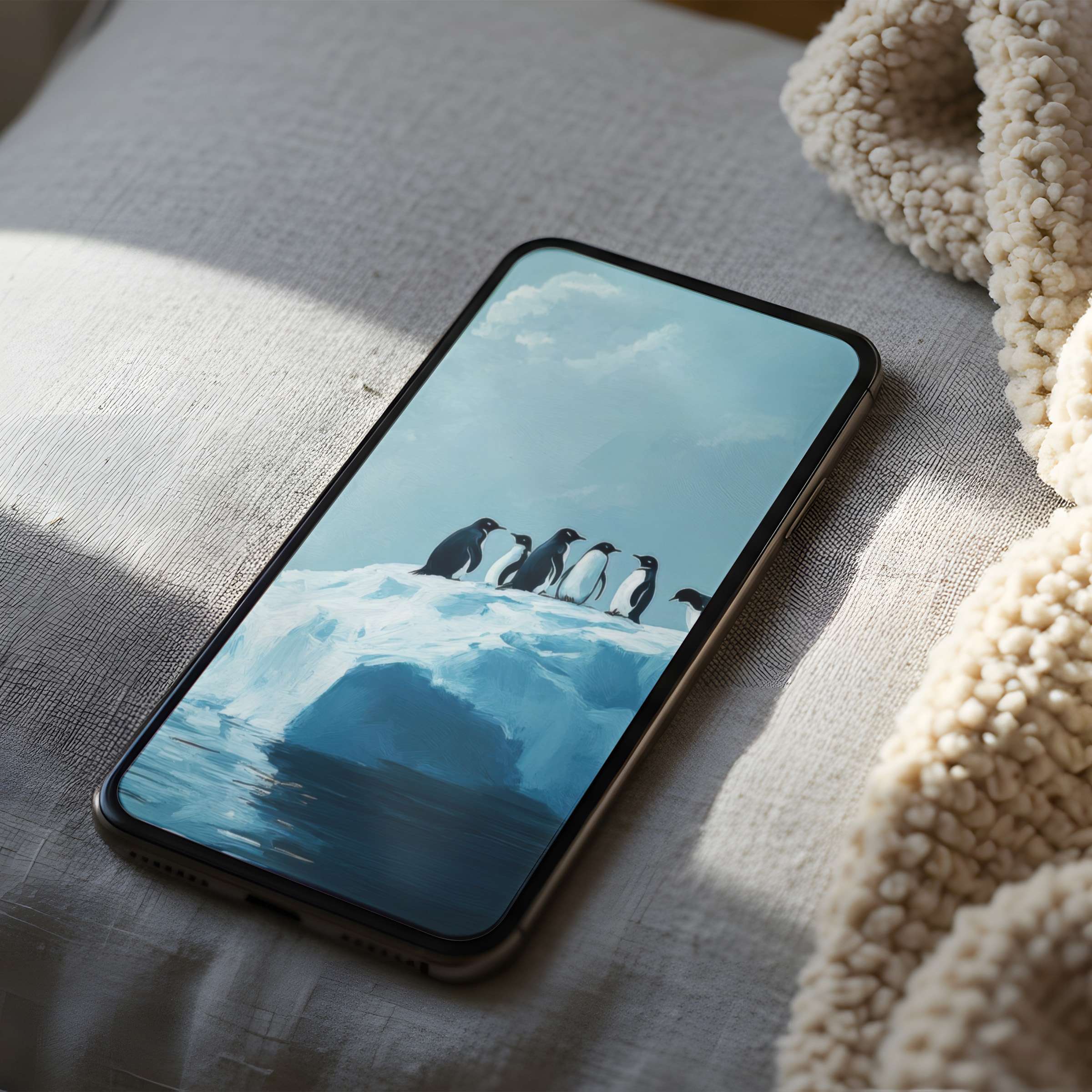Elegant phone wallpaper with serene penguin artwork on icy blue background, ideal for iPhone and Android, high resolution download
