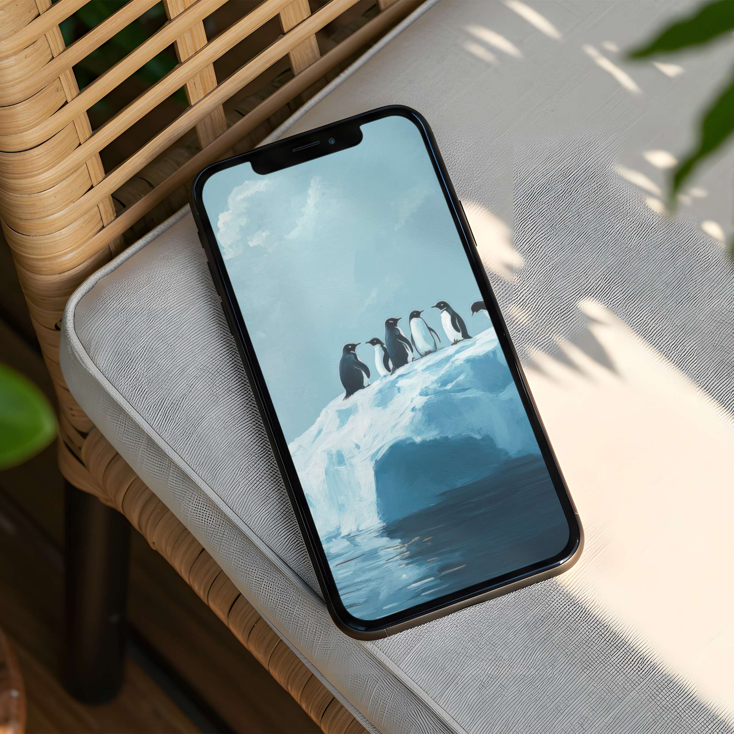 Serene penguins on icy blue iPhone background offer instant download for mindful phone aesthetics fitting both iPhone and Android