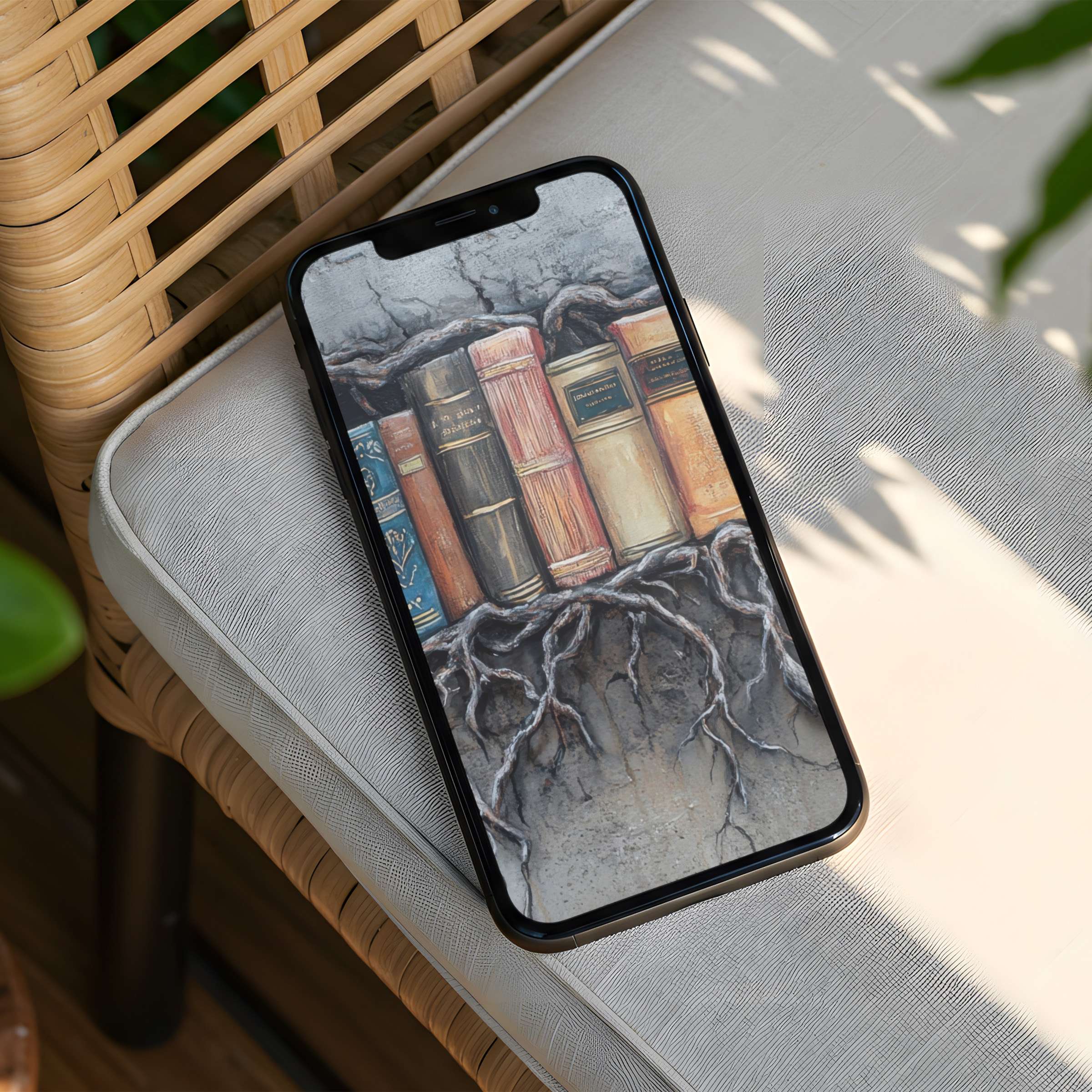 Elegant book-themed iPhone background offering instant download for your phone brings calm and inspiration to your digital space