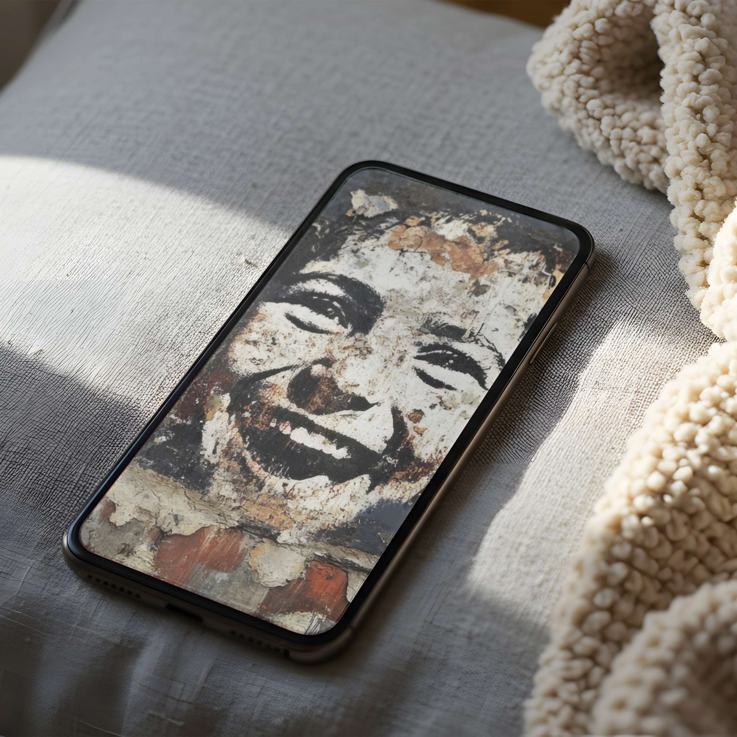 Elegant textured mural-inspired phone wallpaper showcasing a joyful face, ideal for iPhone and Android high-resolution digital download