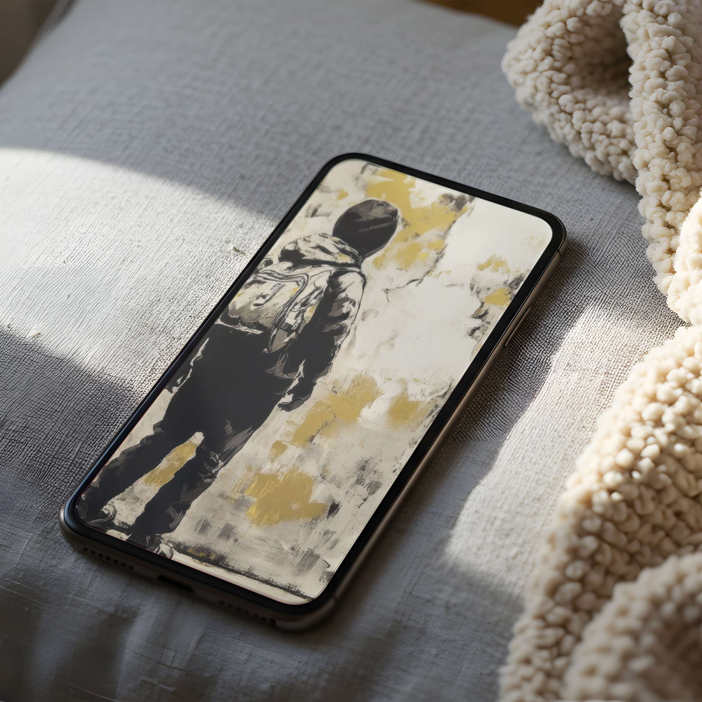 Elegant abstract phone wallpaper in muted gold and gray hues shown in high resolution on a cozy bed setting ideal for iPhone and Android