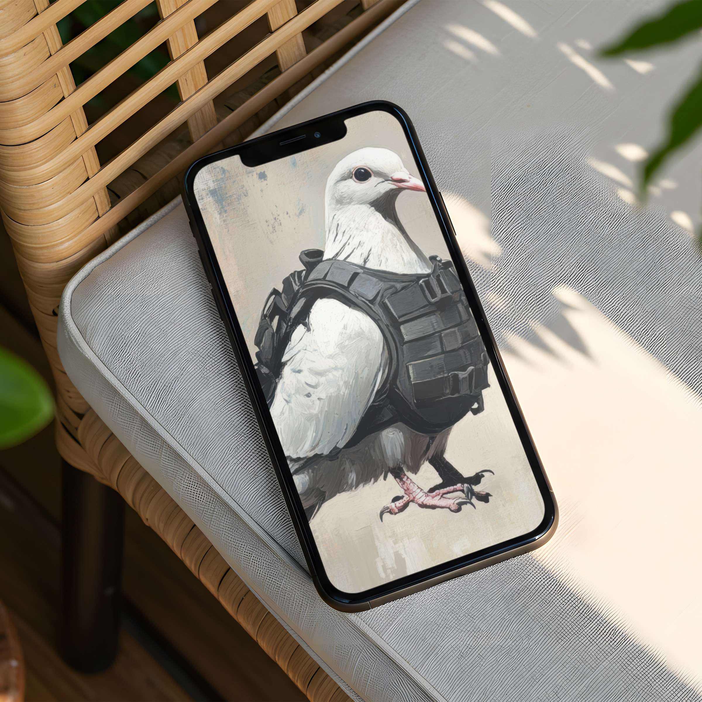 Serene white dove in tactical gear art offers an inspiring iPhone background for instant download to elevate phone aesthetics gracefully