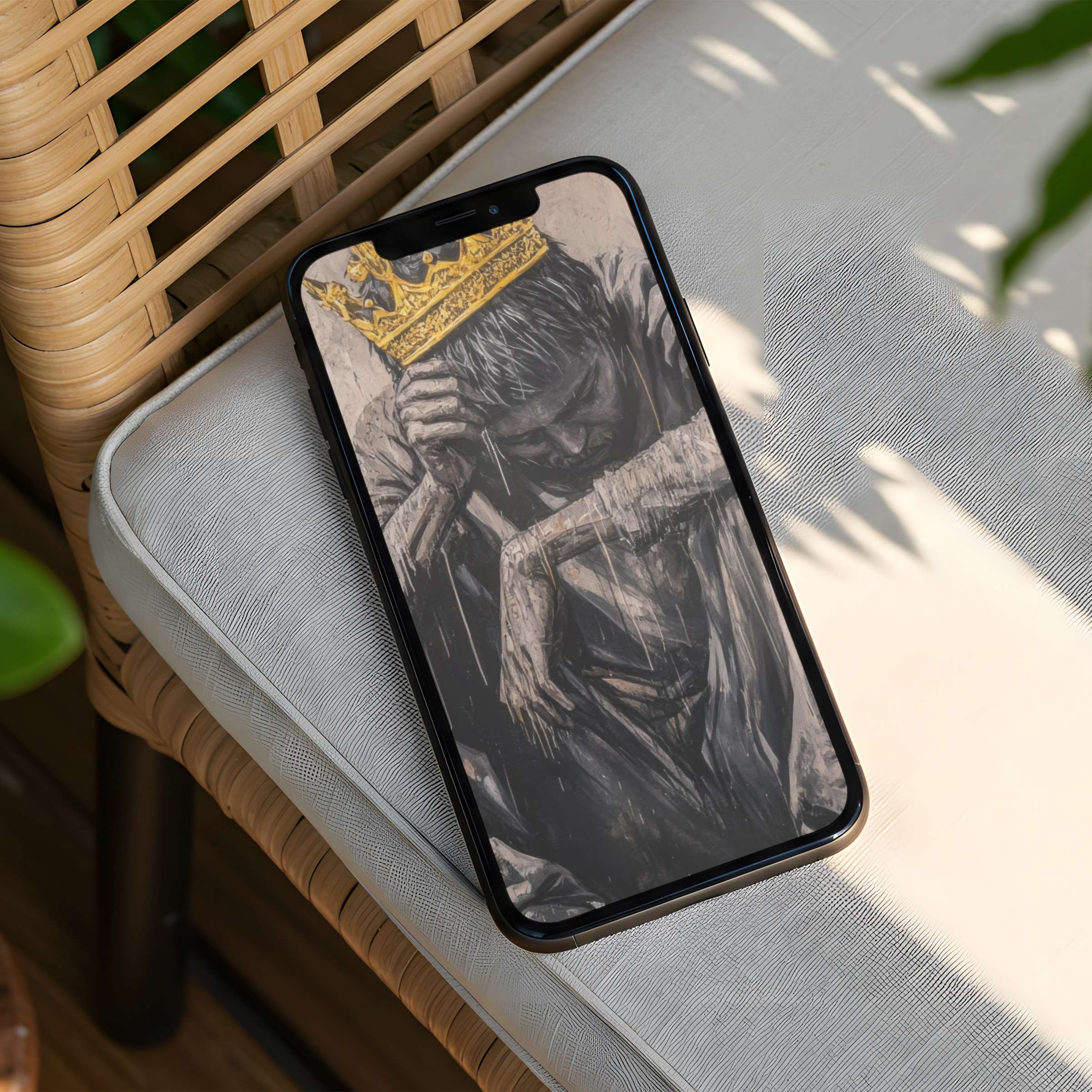 Elegant charcoal art depicts a reflective figure with a golden crown, perfect iPhone background for mindful, instant download to your phone
