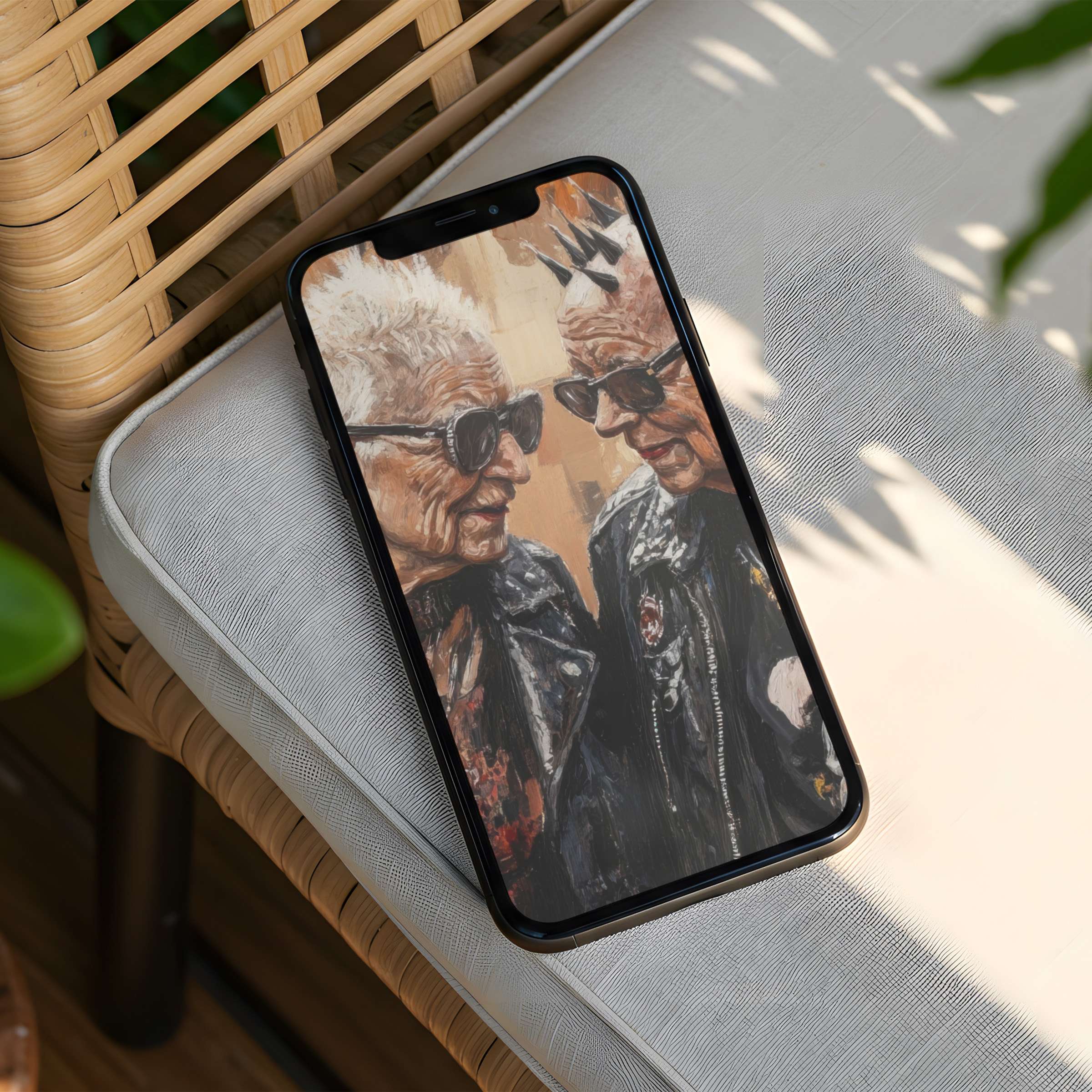 Evoke calm and inspiration with this stylish iPhone background featuring textured art of an elderly couple in leather jackets instant download for your phone